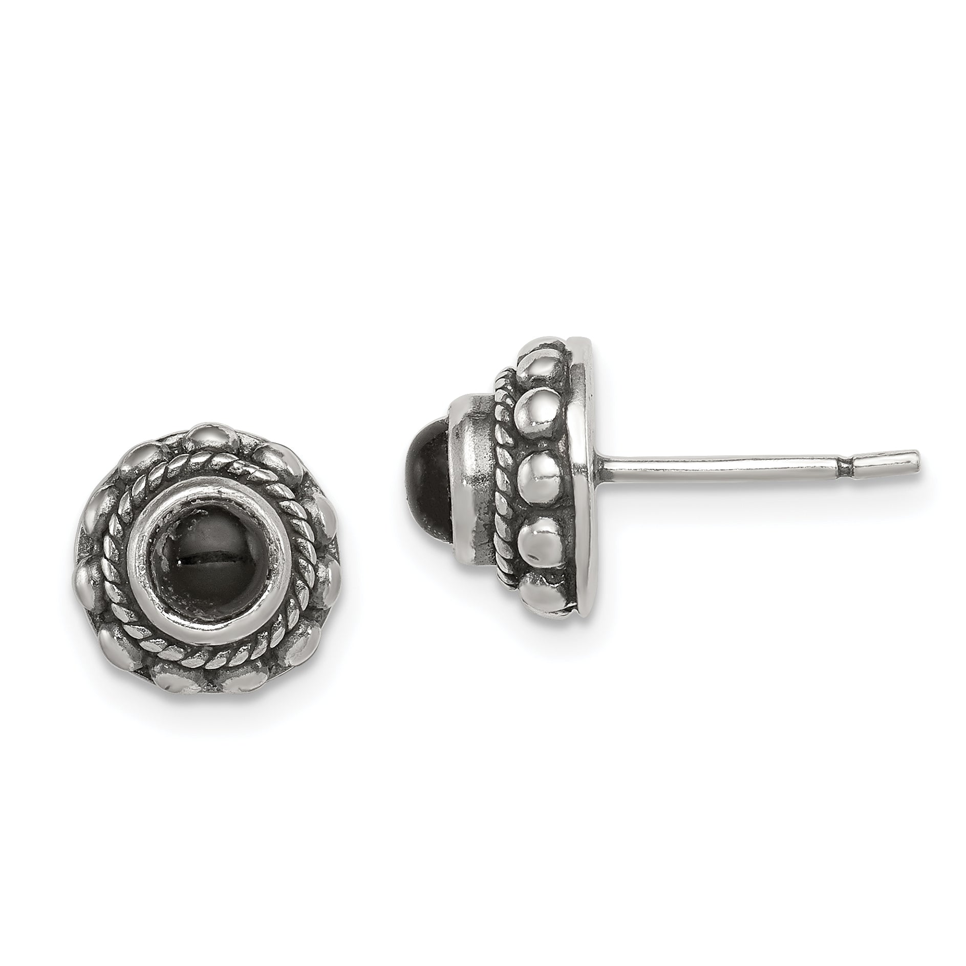 Sterling Silver Polished & Antiqued Textured Onyx Round Post Earrings
