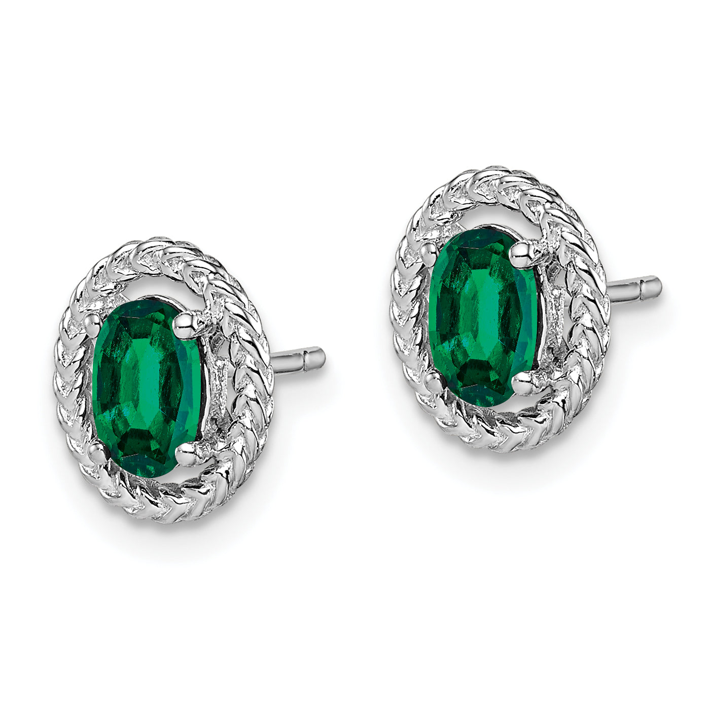 Sterling Silver Rhod-plat Created Emerald Oval Post Earrings Secondary image