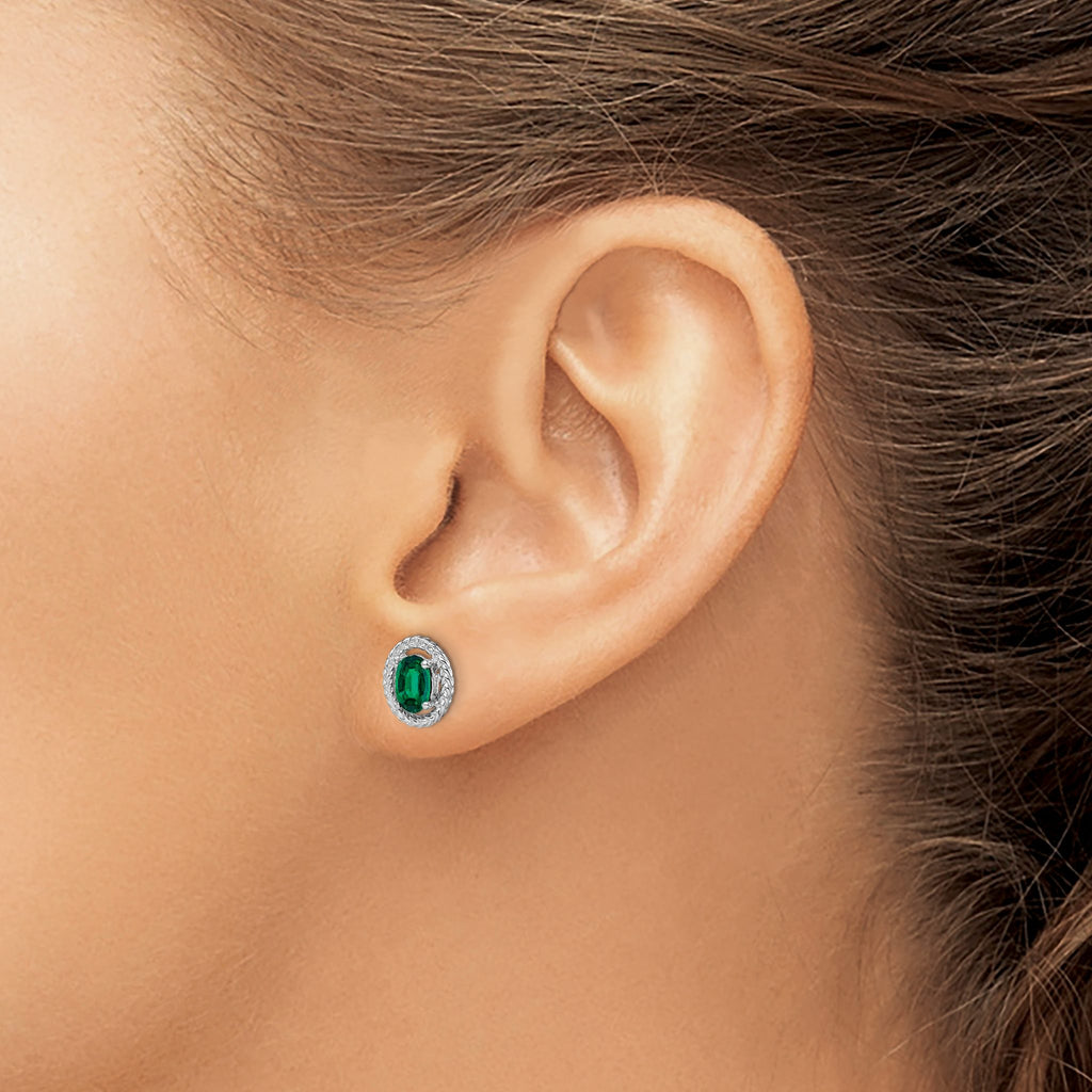 Rhod-Plat Oval Created Emerald Stud Earrings in Sterling Silver - Sophia Jewelers