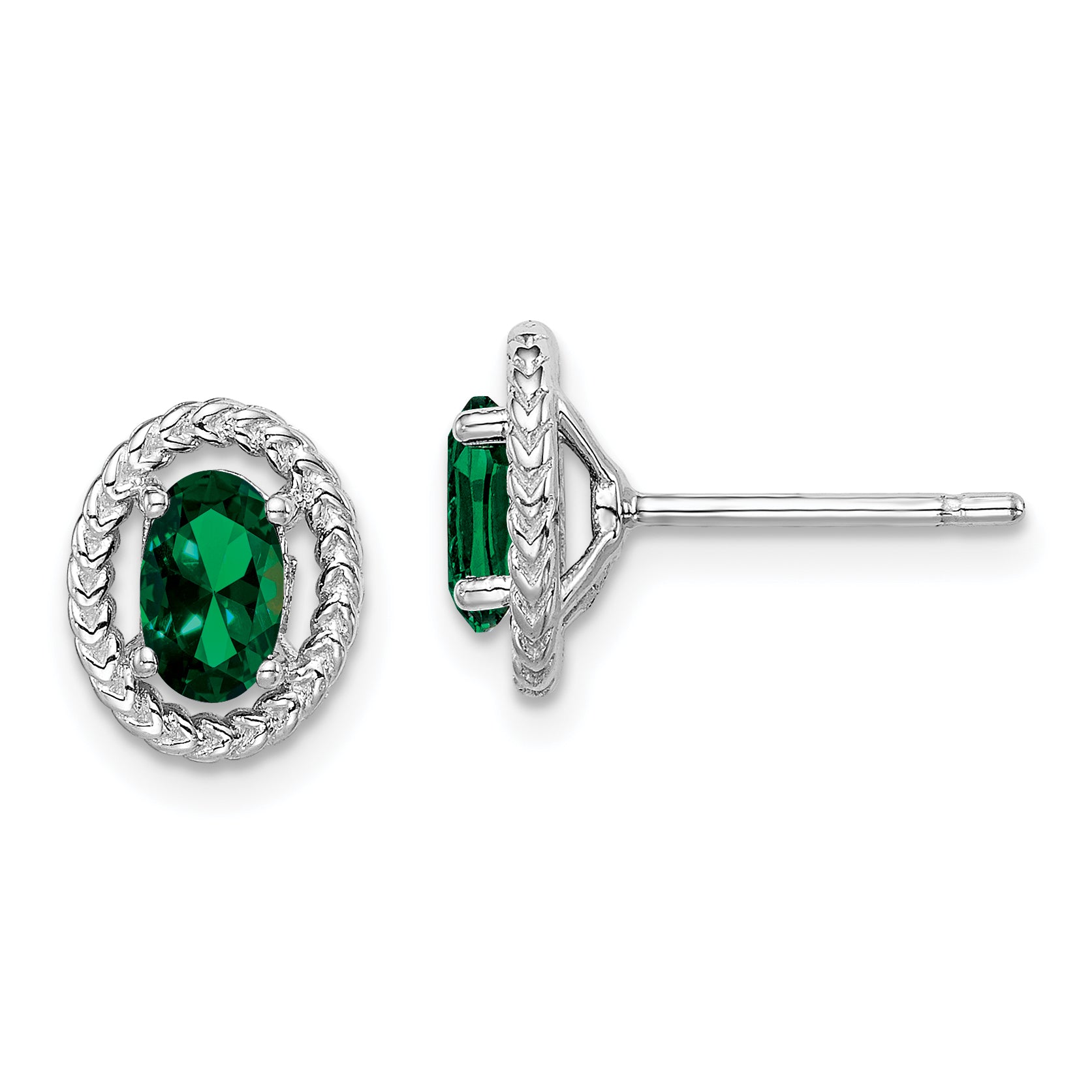Sterling Silver Rhod-plat Created Emerald Oval Post Earrings Main image