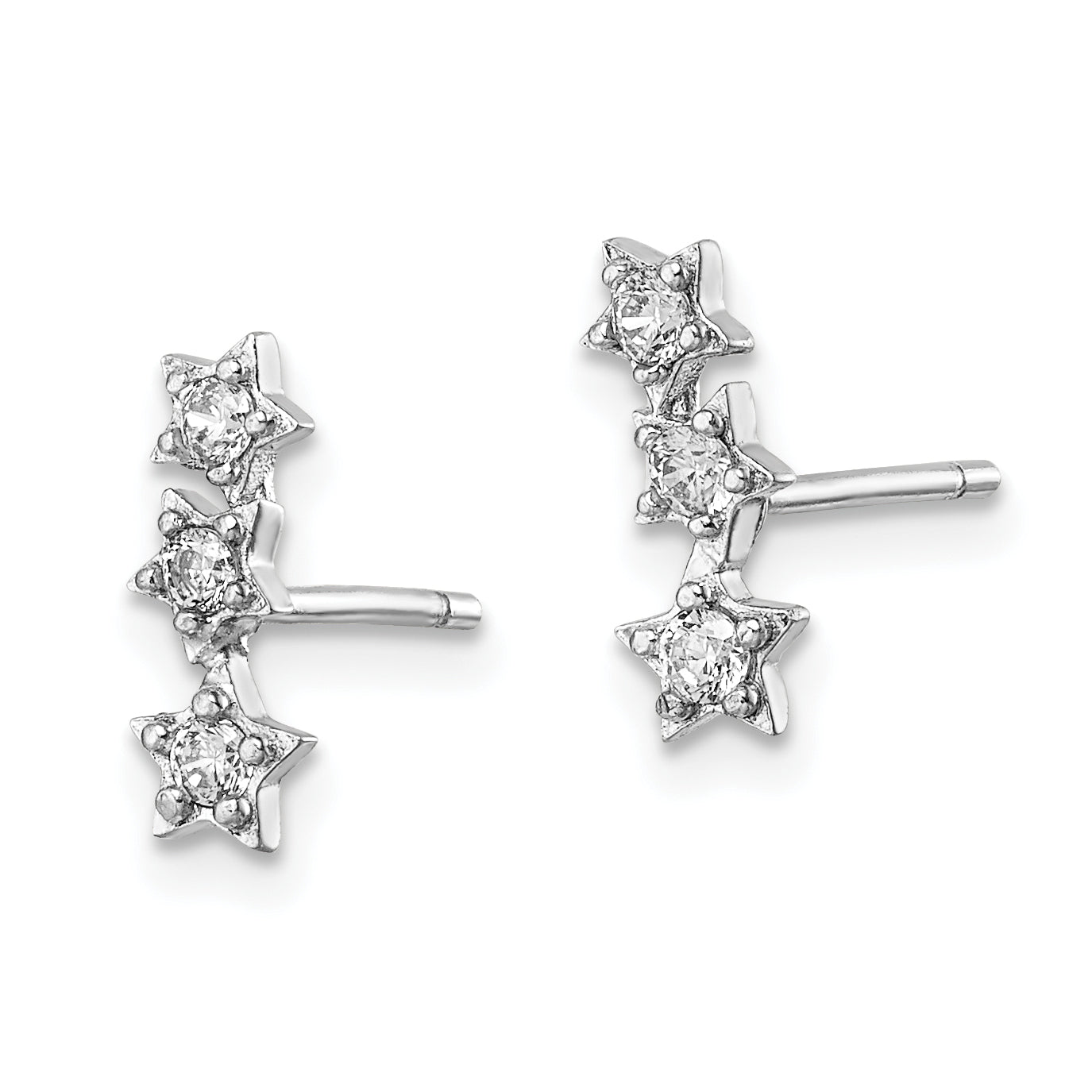 Sterling Silver Rhodium-Plated CZ Triple Star Stud Earrings