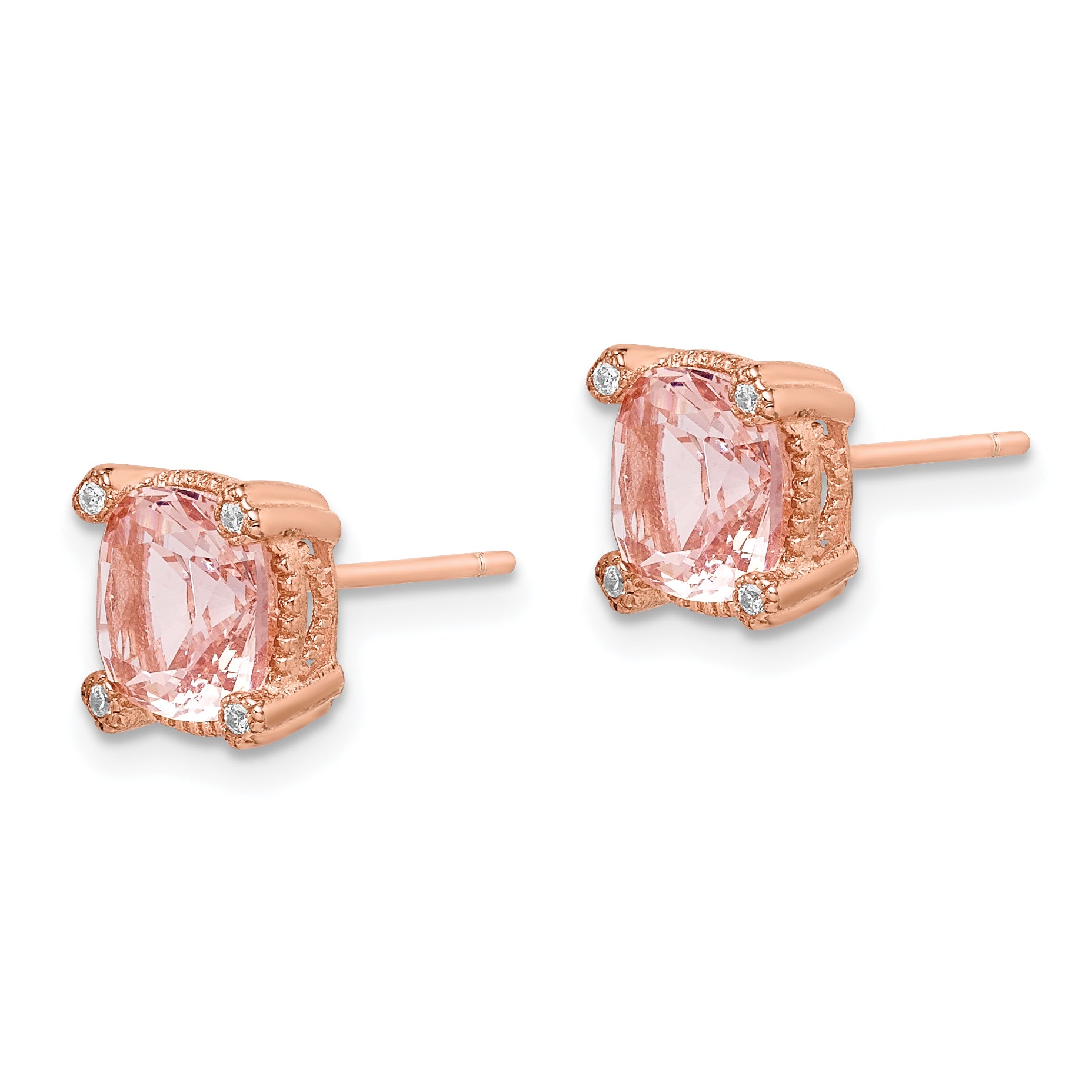 Sterling Silver Rose-tone Polished Textured Pink Crystal & CZ Post Earrings