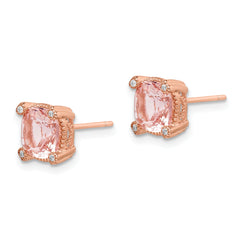 Sterling Silver Rose-tone Polished Textured Pink Crystal & CZ Post Earrings