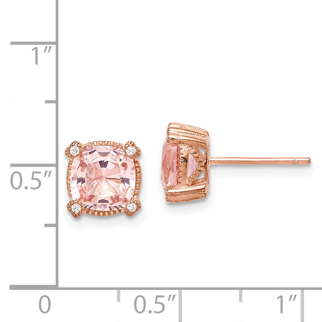 Sterling Silver Rose-tone Polished Textured Pink Crystal & CZ Post Earrings