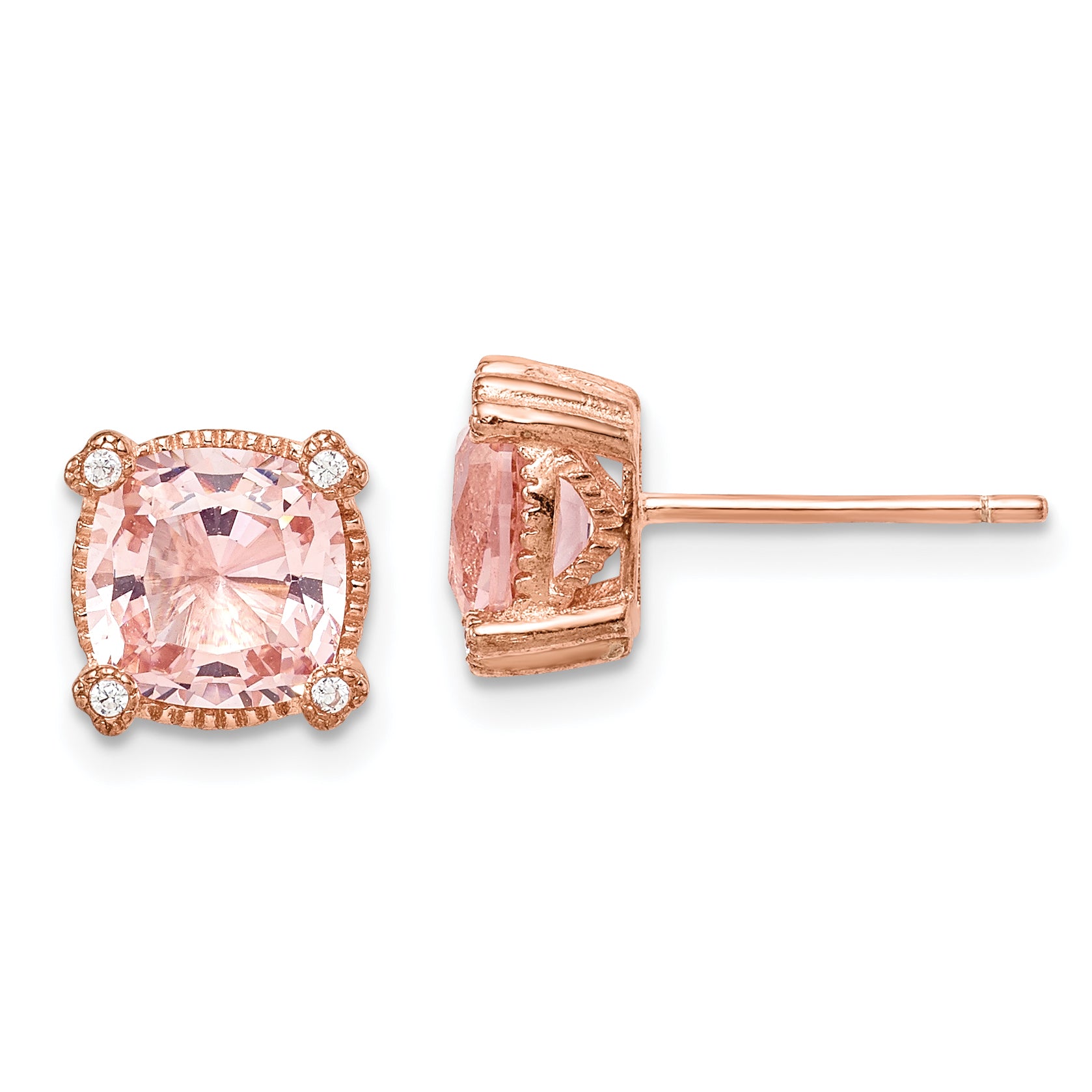 Sterling Silver Rose-tone Polished Textured Pink Crystal & CZ Post Earrings