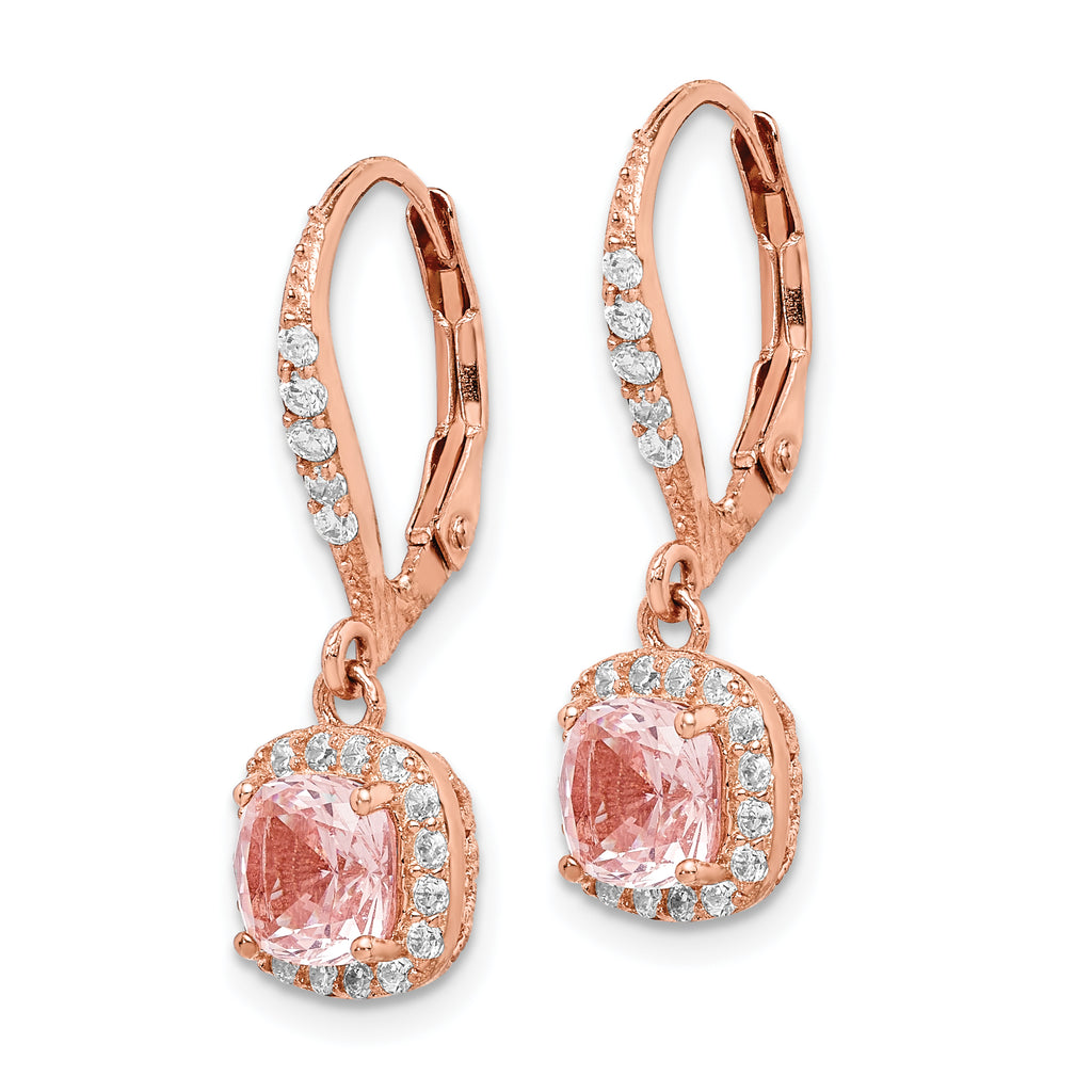 Sterling Silver Rose-tone Pink Crystal & CZ Halo Leverback Dangle Earrings