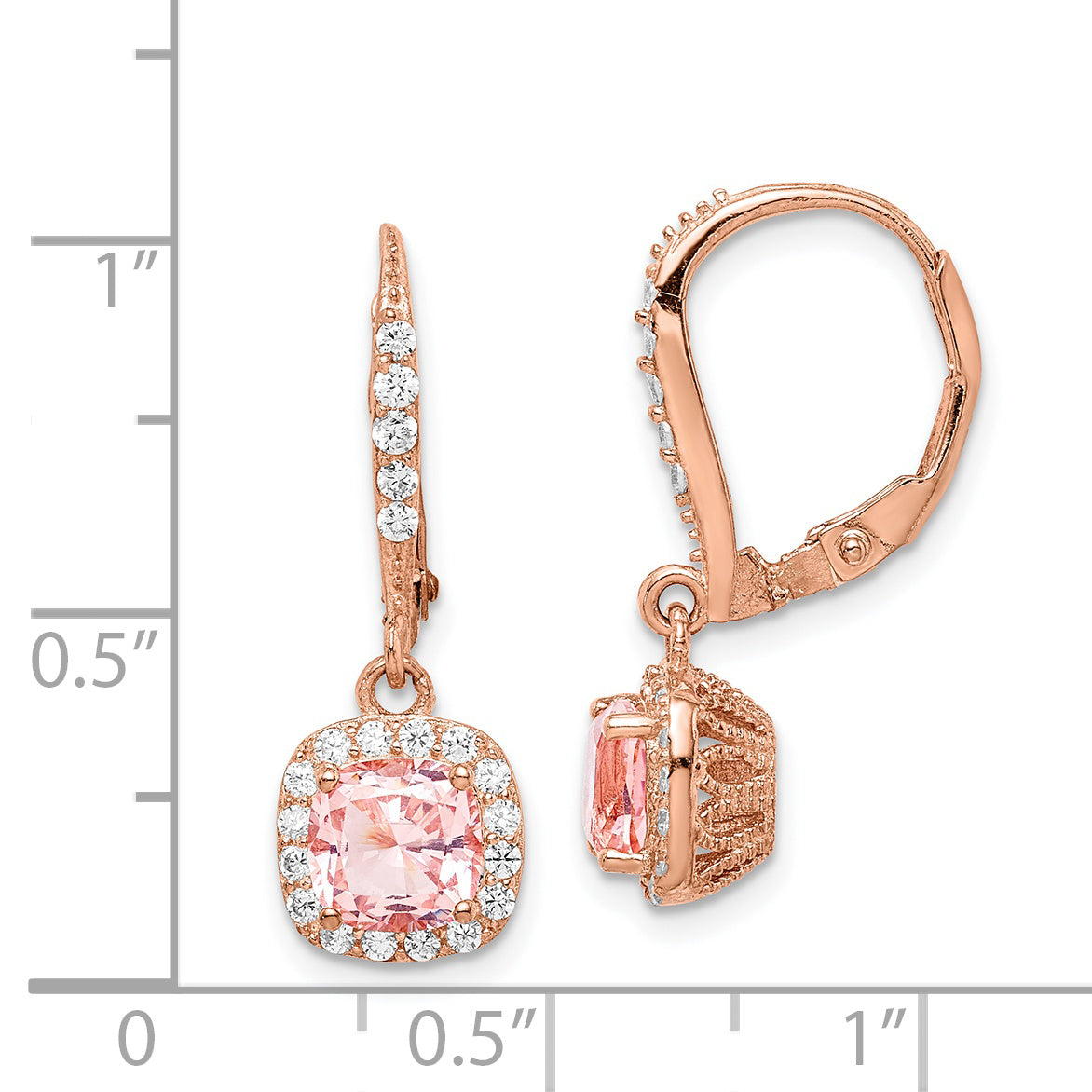 Sterling Silver Rose-tone Pink Crystal & CZ Halo Leverback Dangle Earrings
