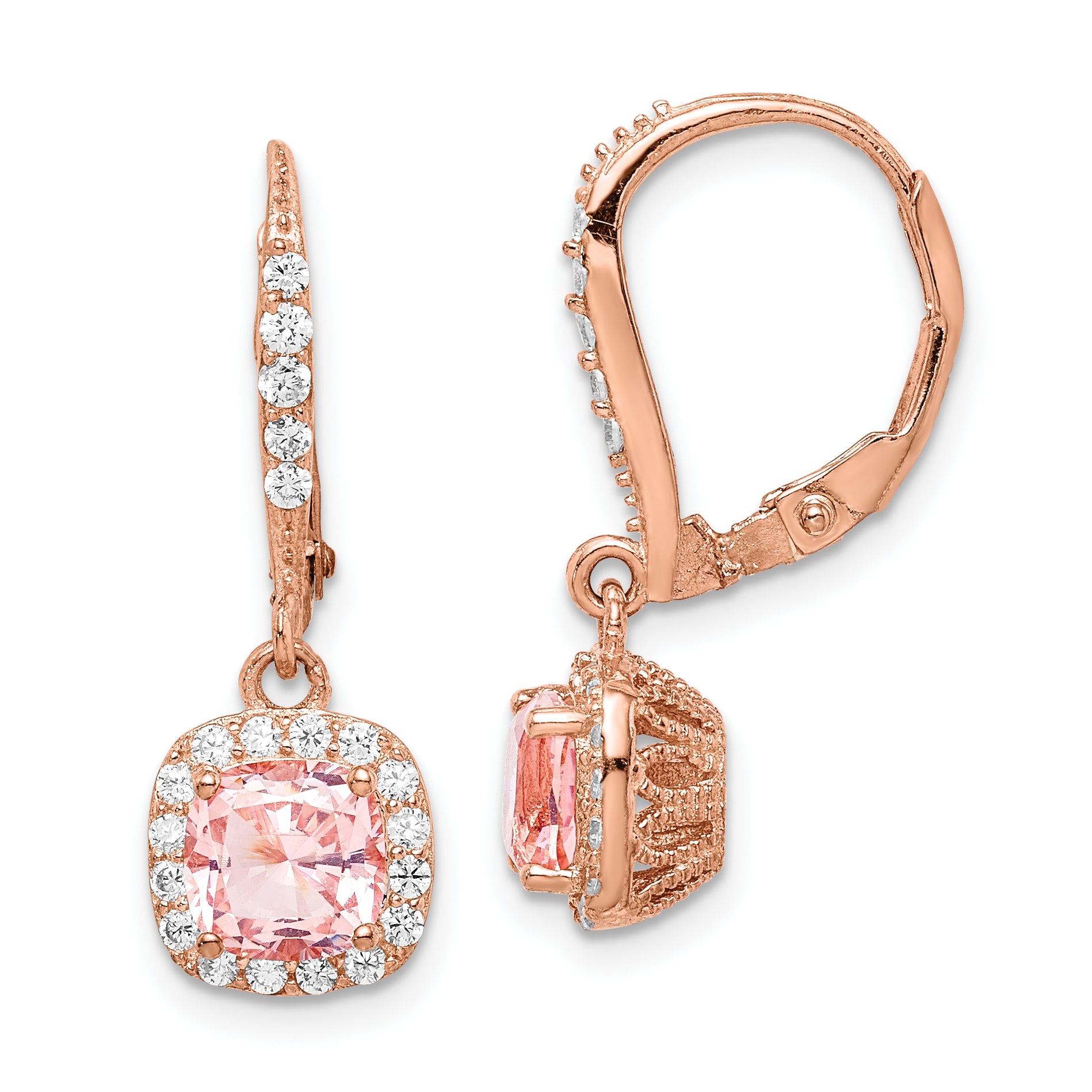 Sterling Silver Rose-tone Pink Crystal & CZ Halo Leverback Dangle Earrings Main image