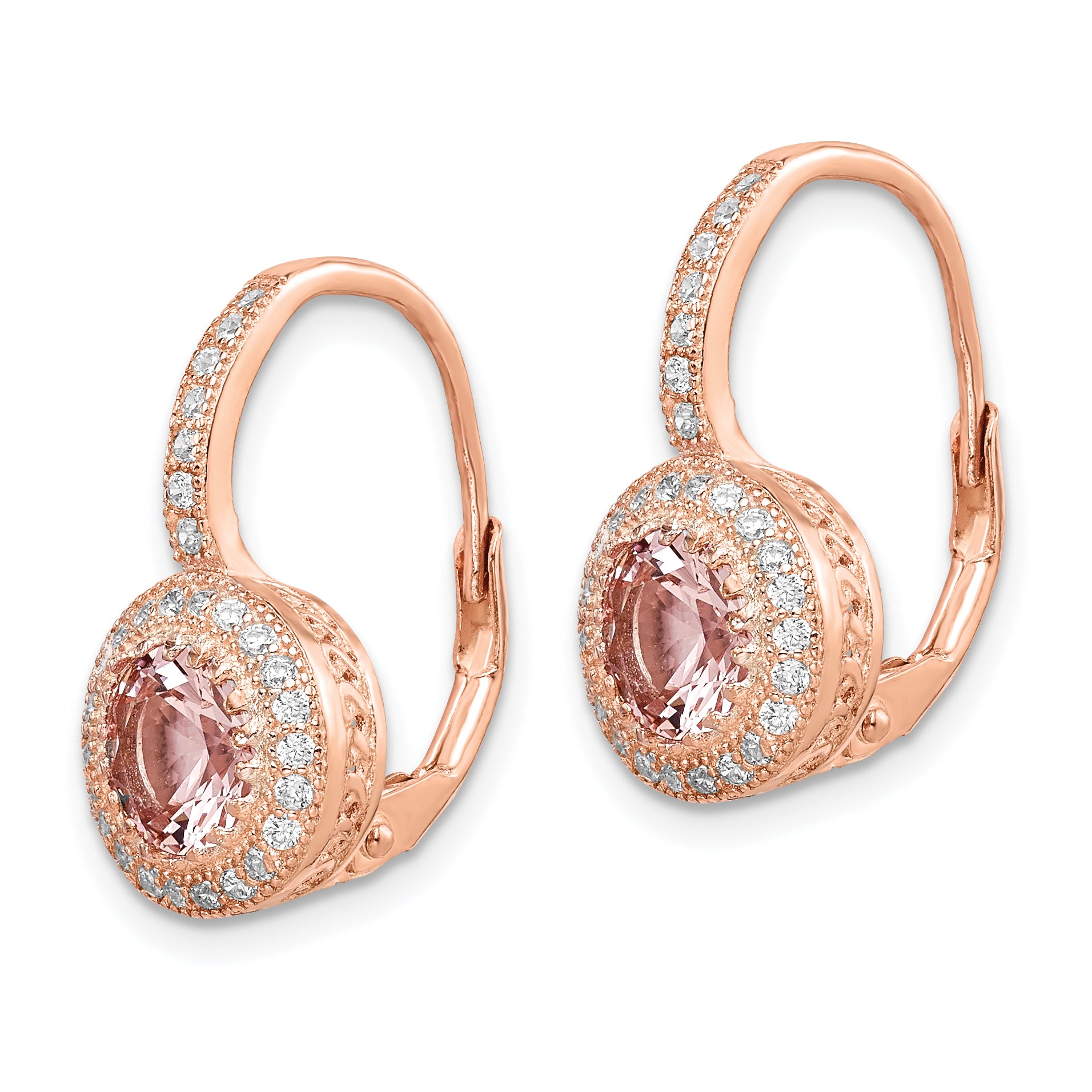 Sterling Silver Rose-tone Polished Pink Crystal/CZ Halo Leverback Earrings Secondary image