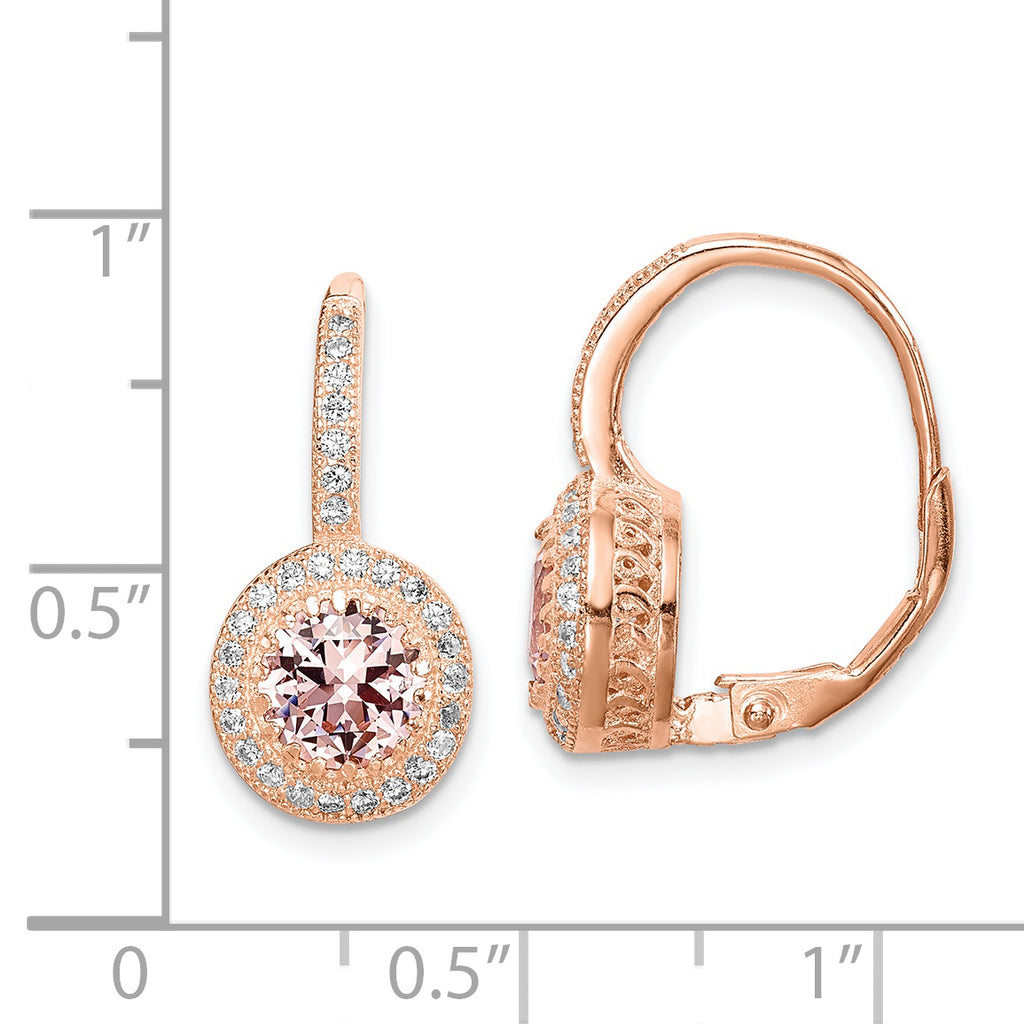 Sterling Silver Rose-tone Polished Pink Crystal/CZ Halo Leverback Earrings