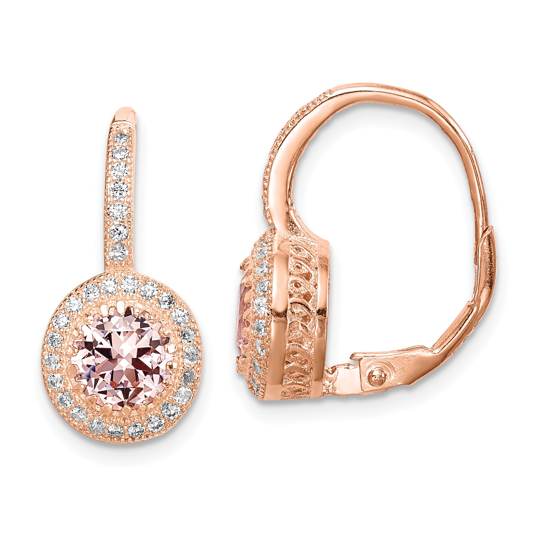 Sterling Silver Rose-tone Polished Pink Crystal/CZ Halo Leverback Earrings