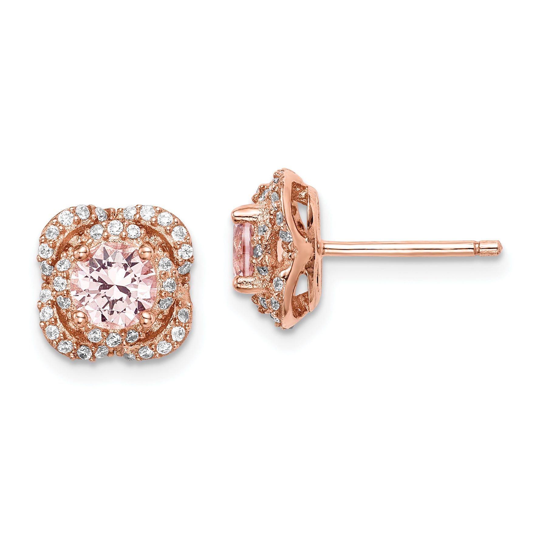 Sterling Silver Rose Gold-plated Polished Pink Crystal & CZ Post Earrings Main image