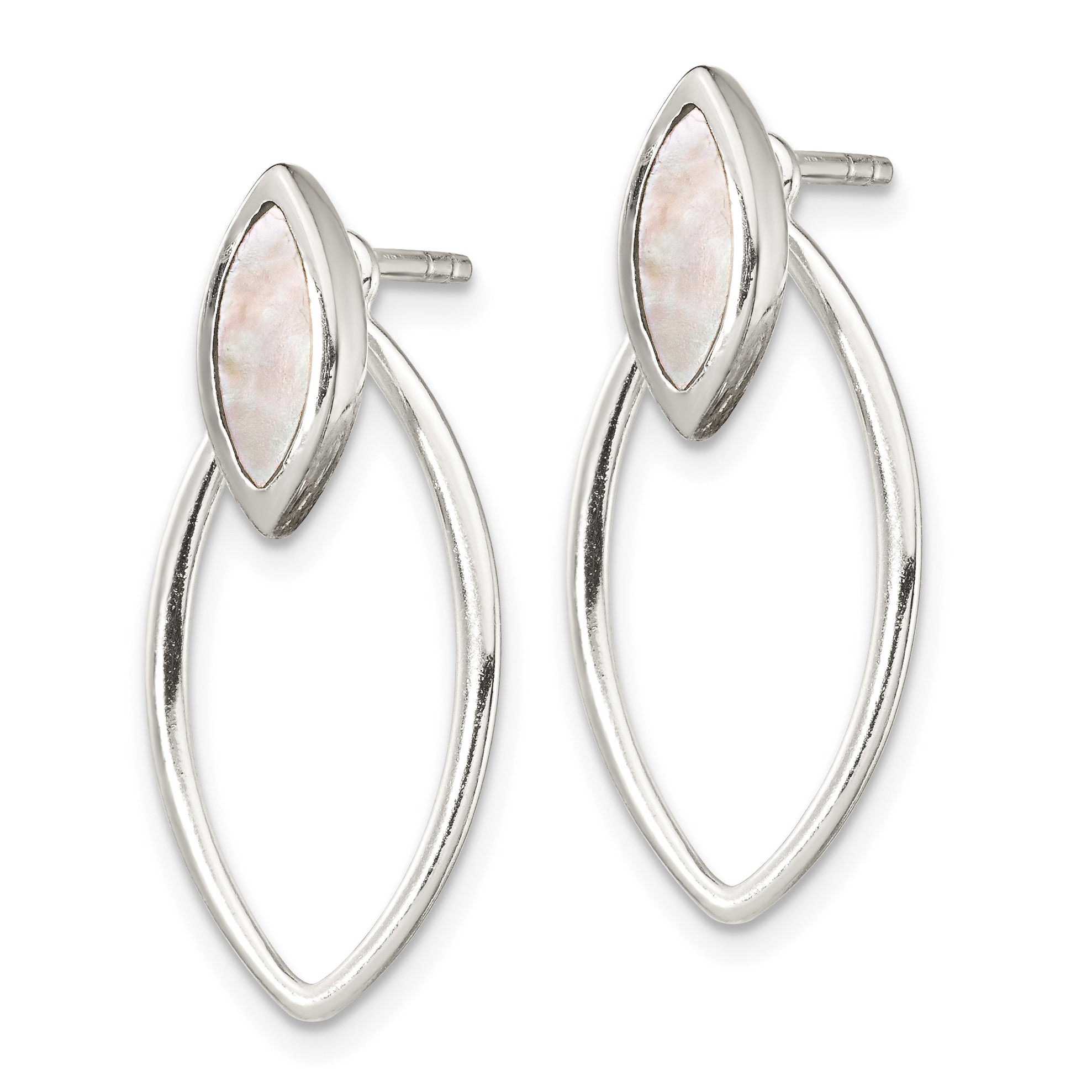 Sterling Silver Polished Marquise Shaped Mother Of Pearl w/ Earring Jacket Post Dangle Earrings