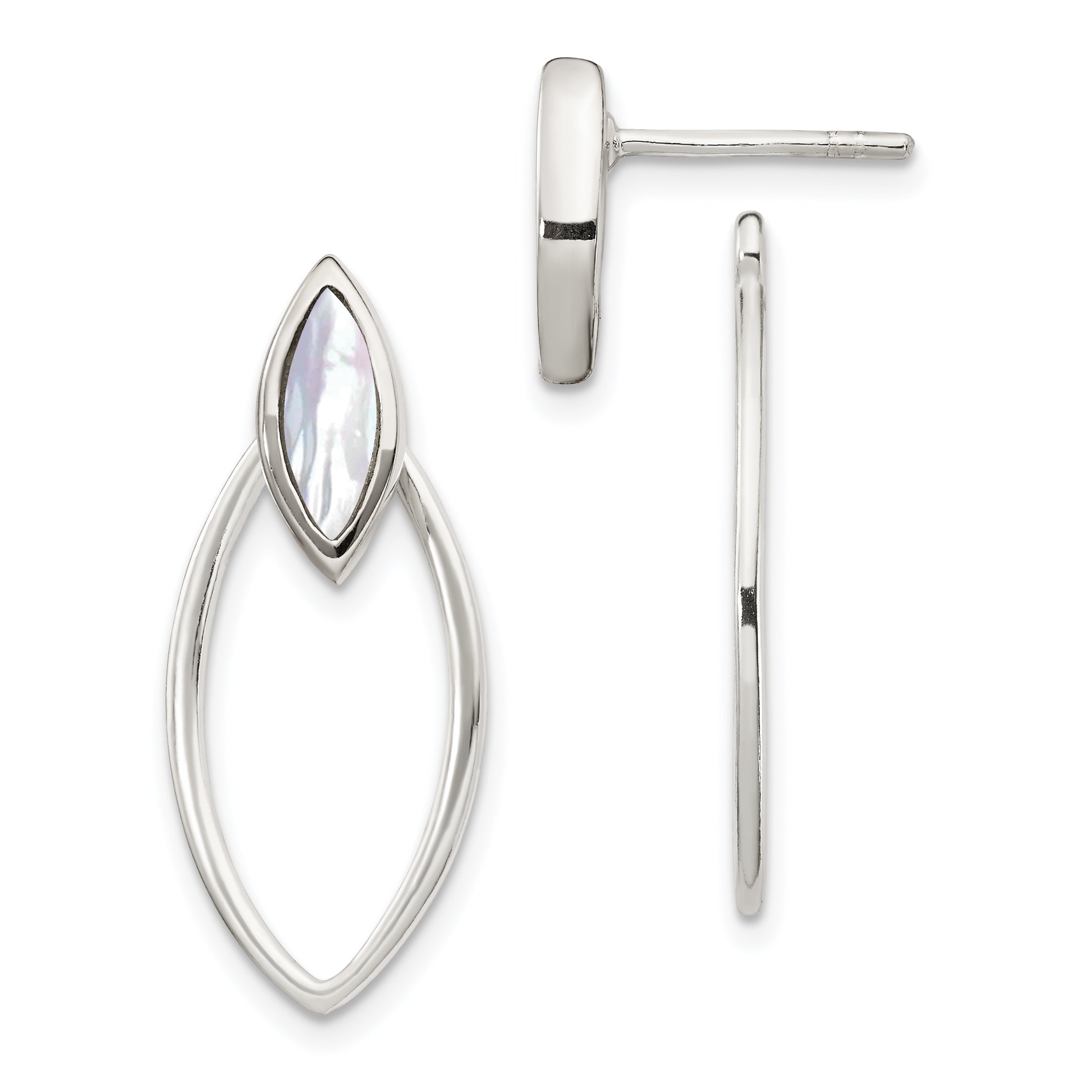 Sterling Silver Polished Marquise Shaped Mother Of Pearl w/ Earring Jacket Post Dangle Earrings