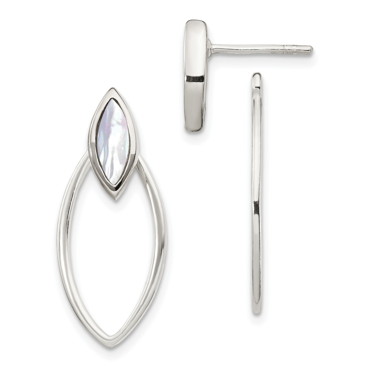 Sterling Silver Polished Marquise Shaped Mother Of Pearl w/ Earring Jacket Post Dangle Earrings