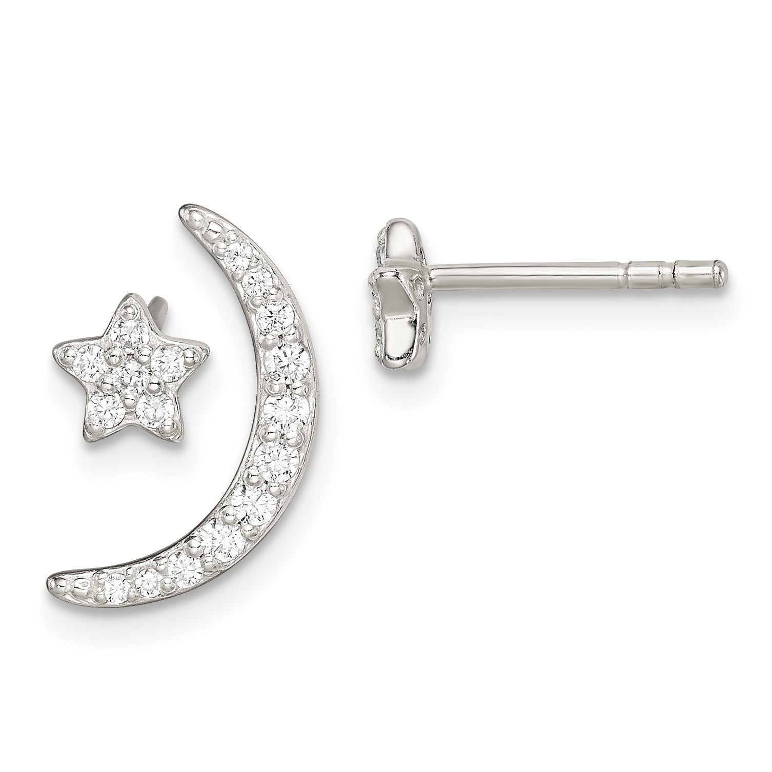 Sterling Silver Polished CZ Moon and Star Post Earrings