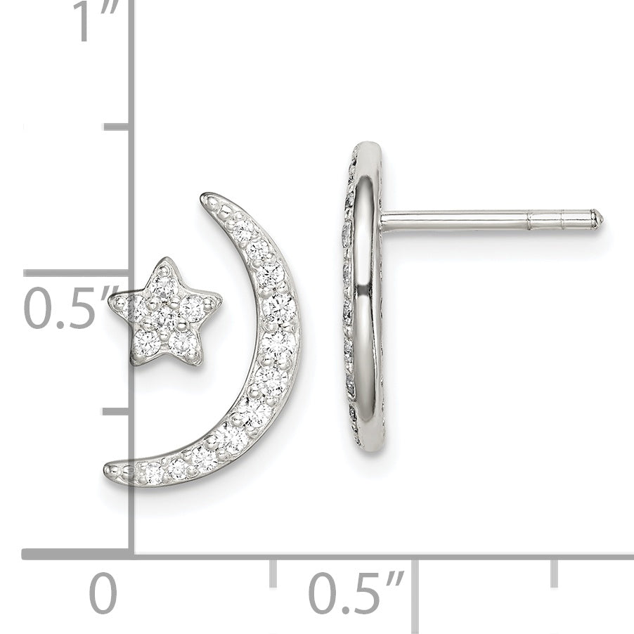 Sterling Silver Polished CZ Moon and Star Post Earrings