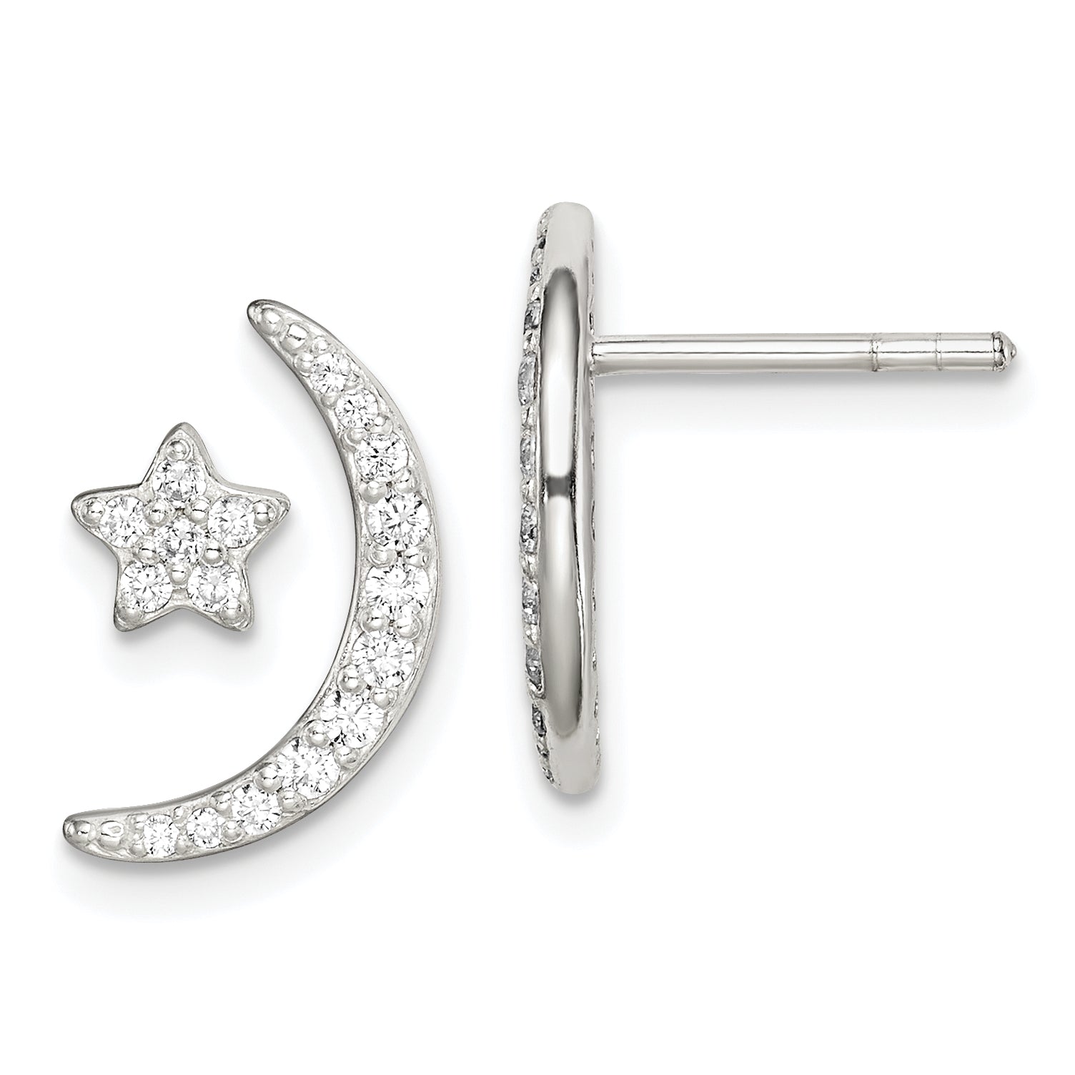 Sterling Silver Polished CZ Moon and Star Post Earrings