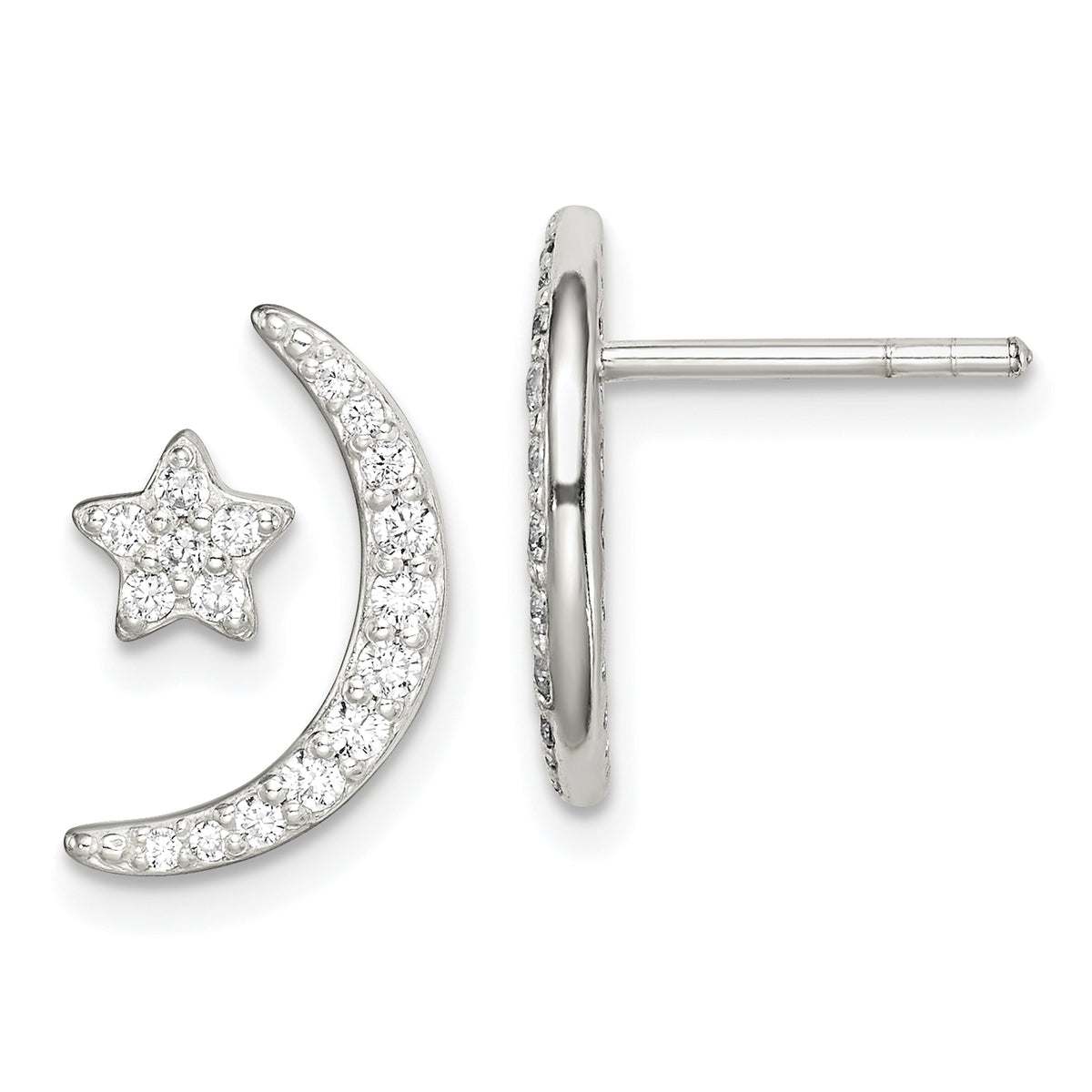 Sterling Silver Polished CZ Moon and Star Post Earrings