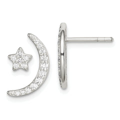 Sterling Silver Polished CZ Moon and Star Post Earrings