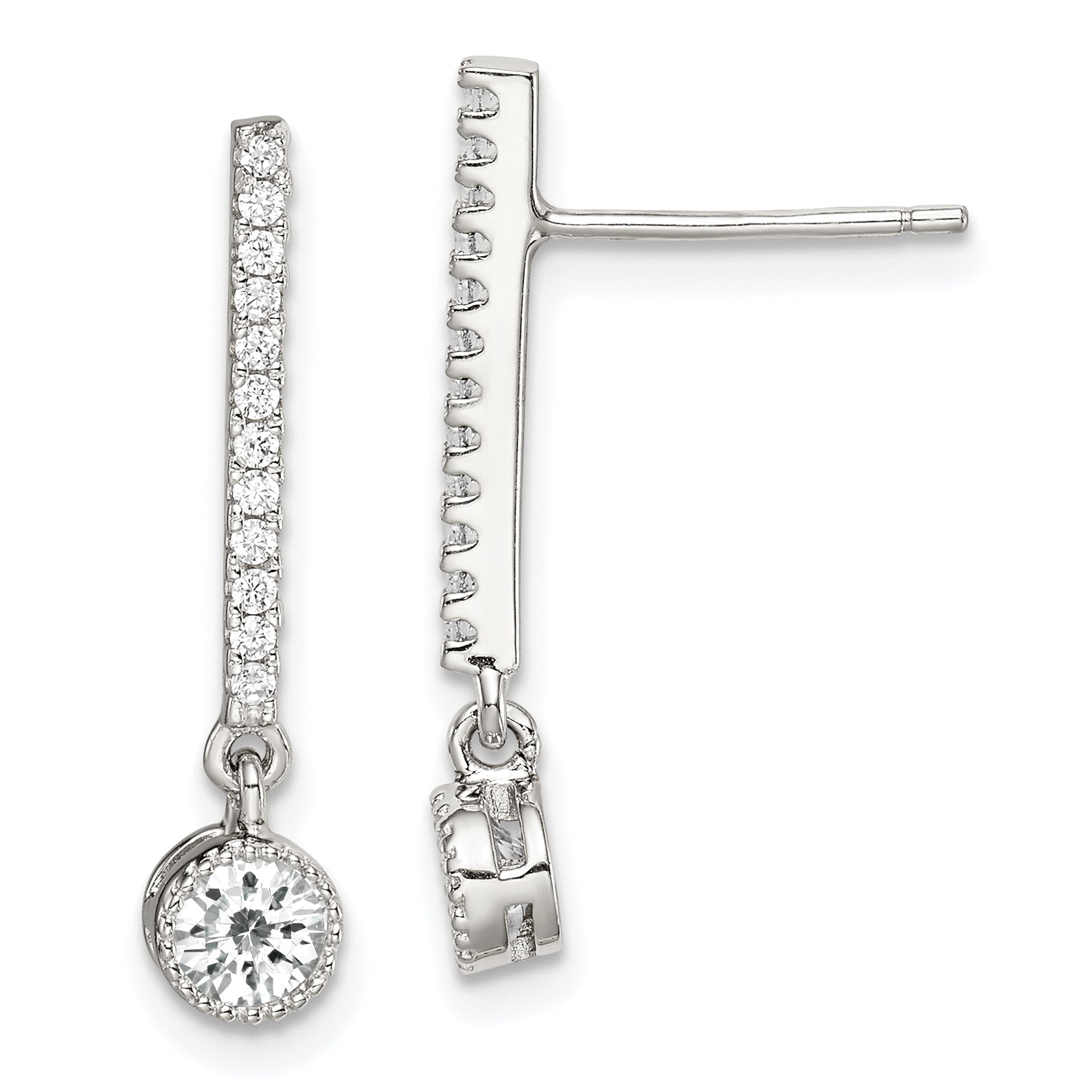Sterling Silver Rhodium-plated Polished CZ Bar Post Dangle Earrings