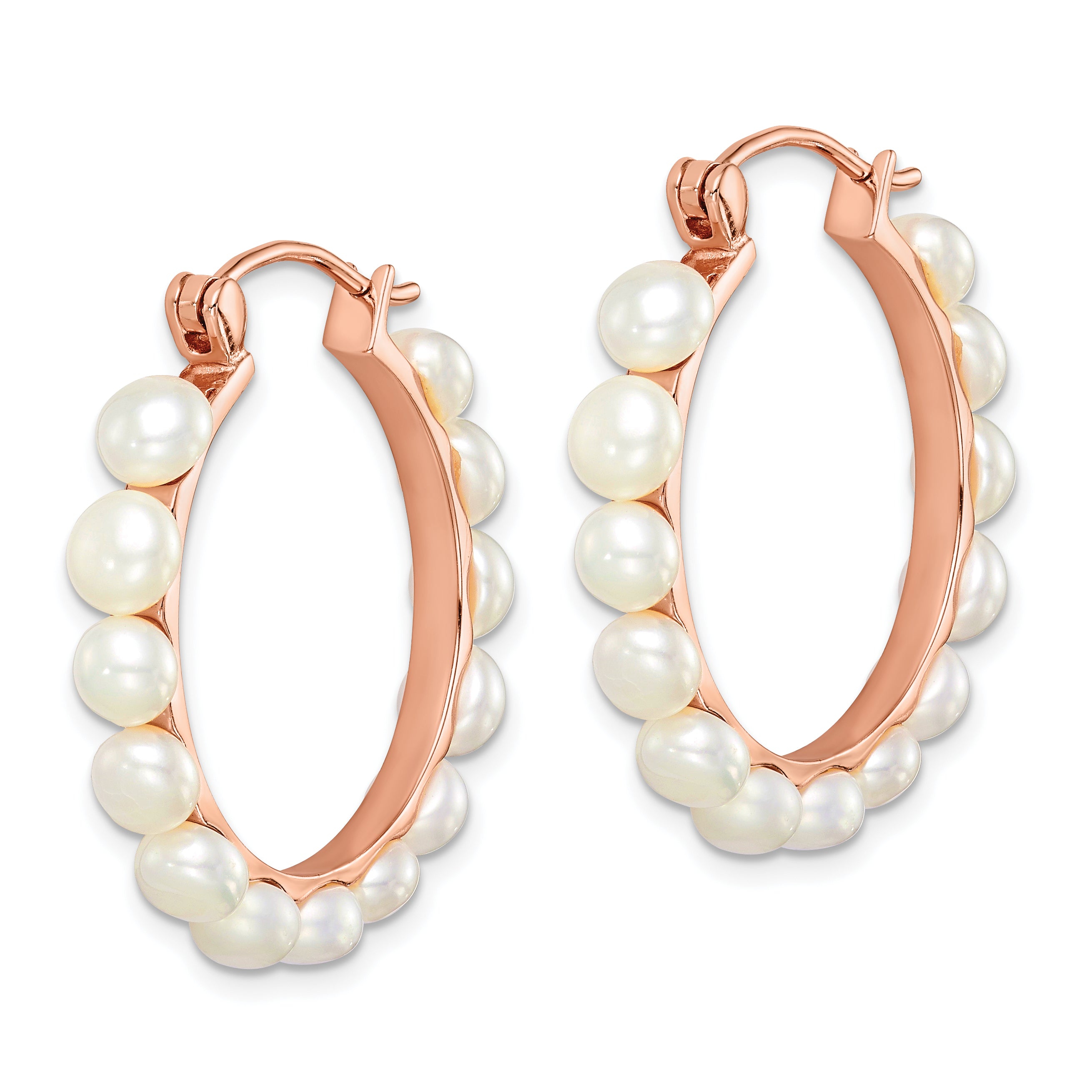 Sterling Silver Rose-tone 18k Flash Gold-plated 4-5mm White Button Freshwater Cultured Pearl Hoop Earrings Secondary image