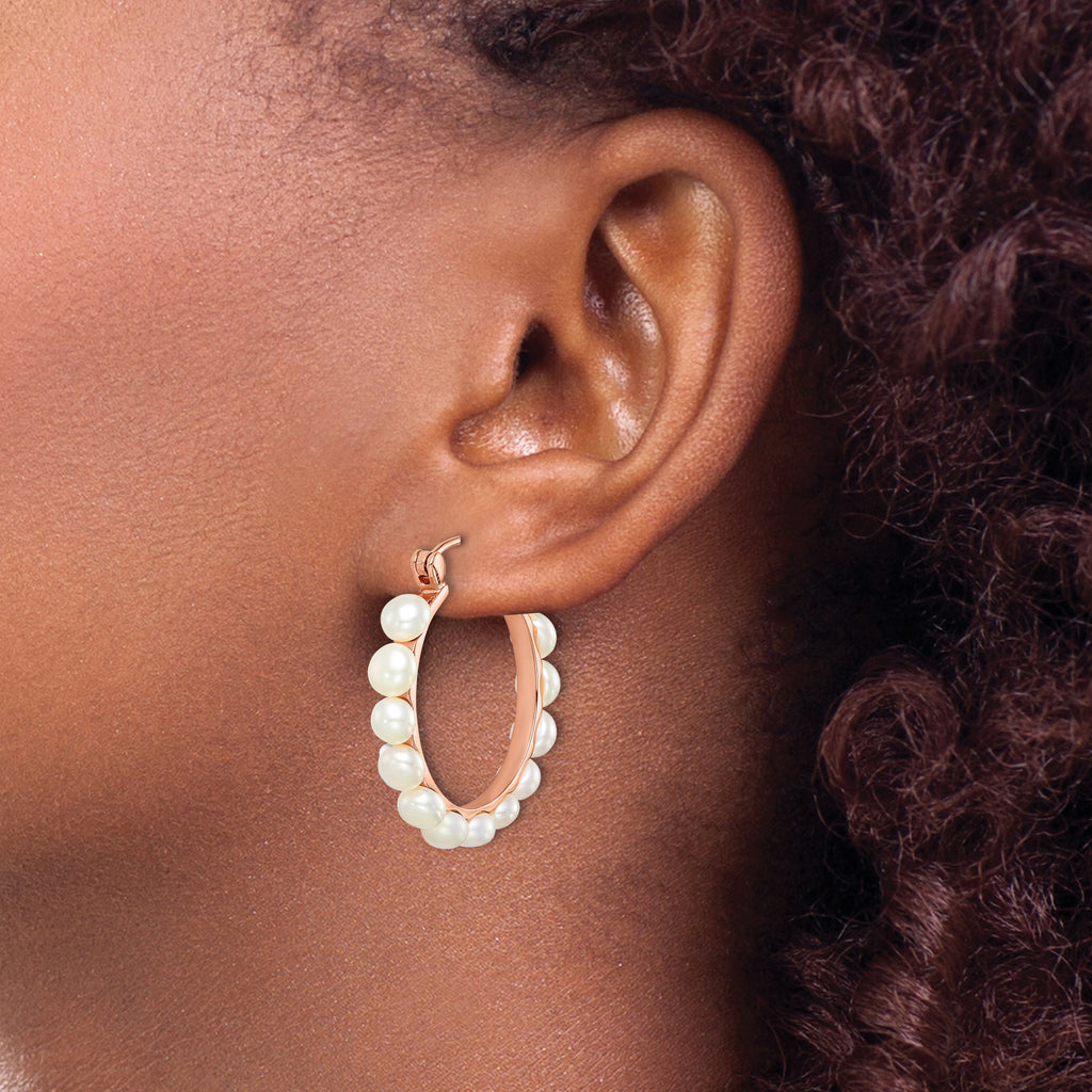 Sterling Silver Rose-tone 18k Flash Gold-plated 4-5mm White Button Freshwater Cultured Pearl Hoop Earrings