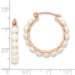 Sterling Silver Rose-tone 18k Flash Gold-plated 4-5mm White Button Freshwater Cultured Pearl Hoop Earrings