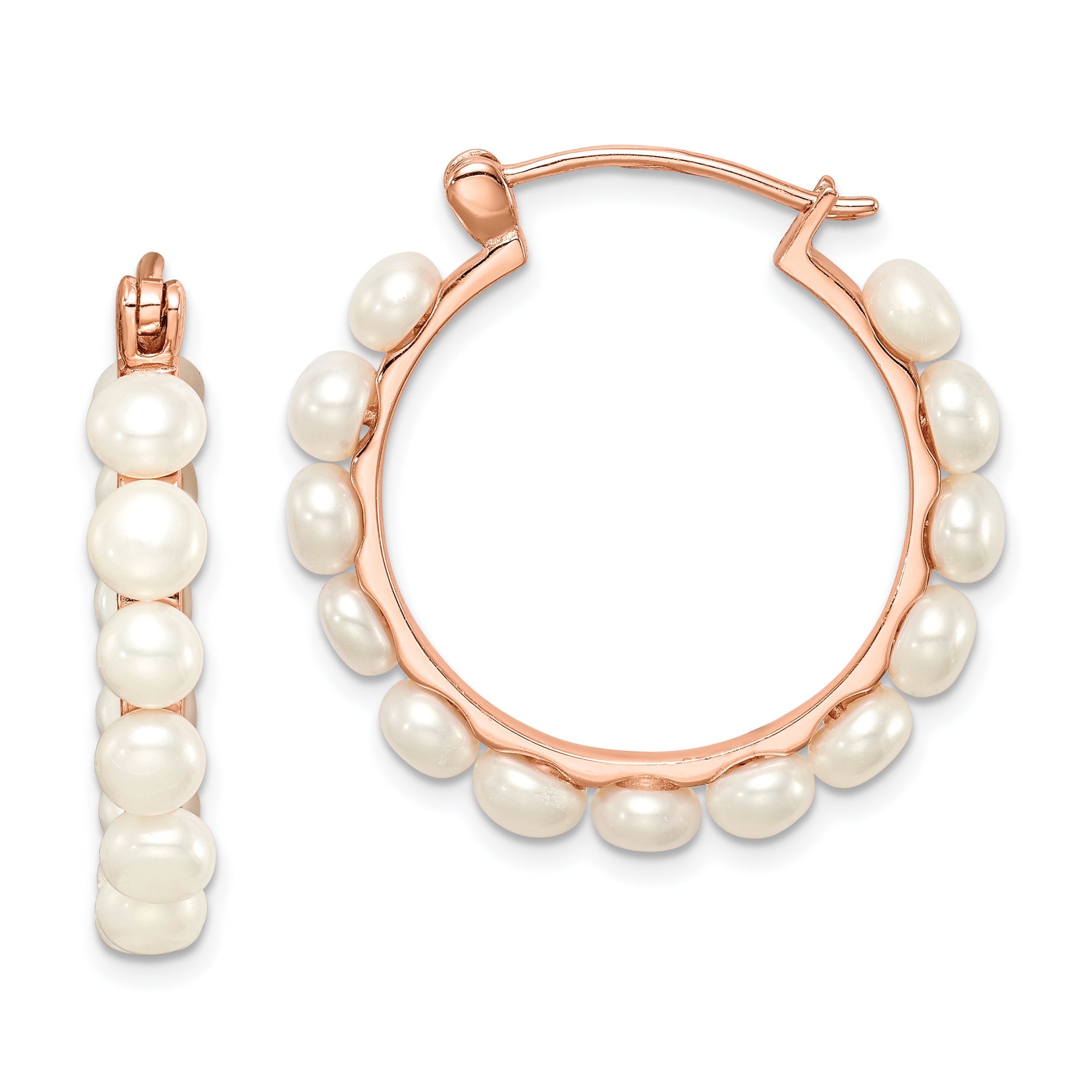 Sterling Silver Rose-tone 18k Flash Gold-plated 4-5mm White Button Freshwater Cultured Pearl Hoop Earrings