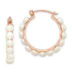 Sterling Silver Rose-tone 18k Flash Gold-plated 4-5mm White Button Freshwater Cultured Pearl Hoop Earrings
