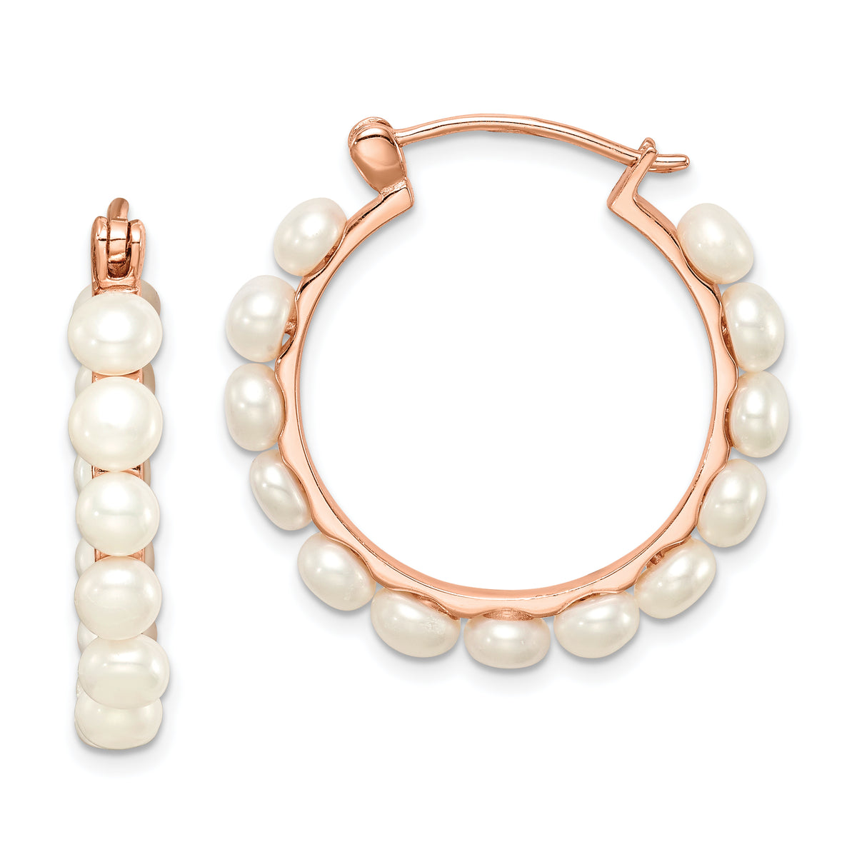 Sterling Silver Rose-tone 18k Flash Gold-plated 4-5mm White Button Freshwater Cultured Pearl Hoop Earrings