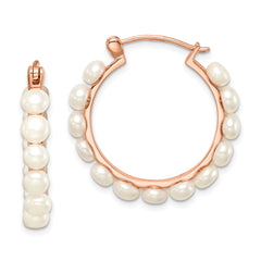 Sterling Silver Rose-tone 18k Flash Gold-plated 4-5mm White Button Freshwater Cultured Pearl Hoop Earrings