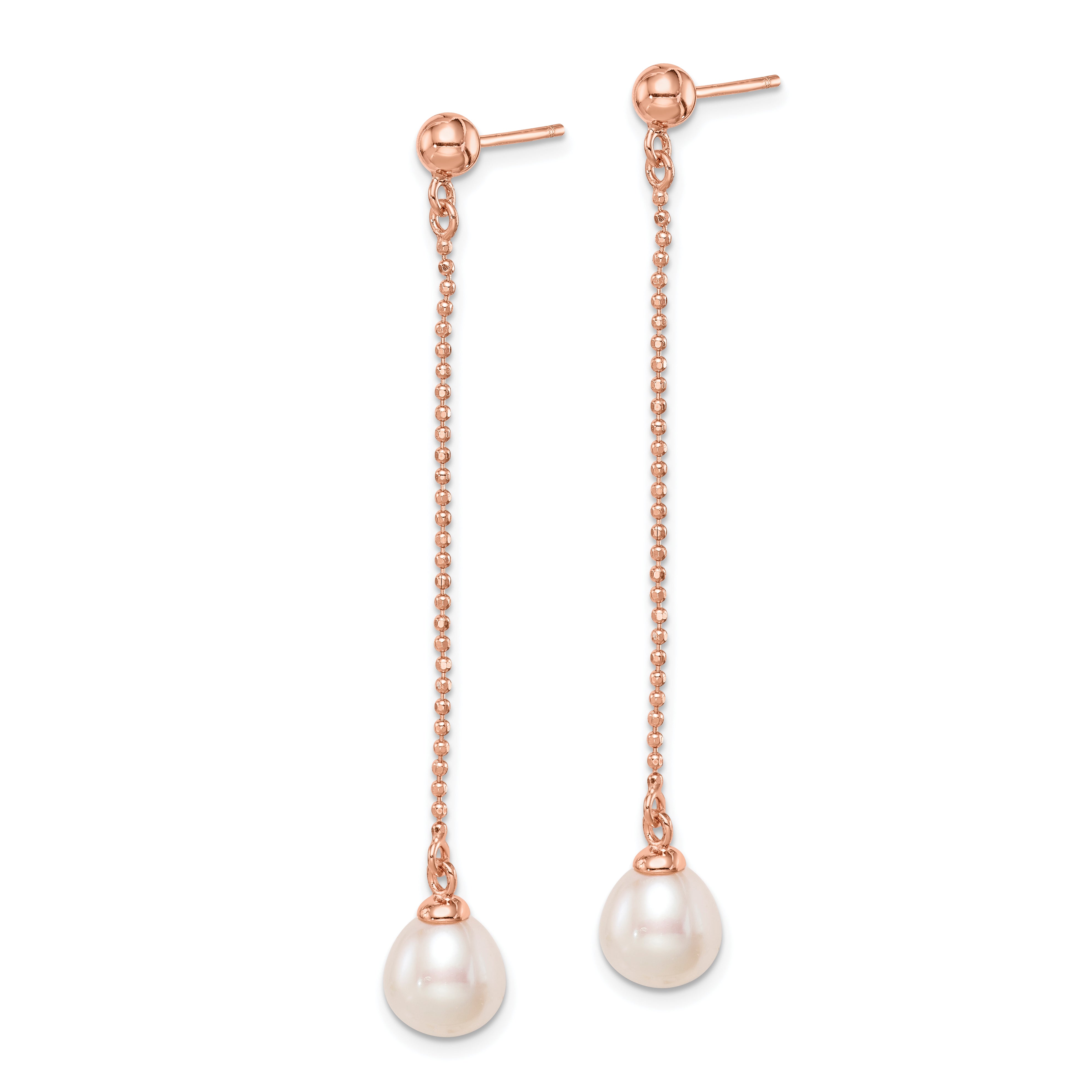 Sterling Silver Rose-tone 18k Flash Gold-plated 7-8mm White Rice Freshwater Cultured Pearl Post Dangle Earrings