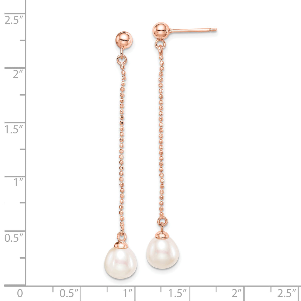 Sterling Silver Rose-tone 18k Flash Gold-plated 7-8mm White Rice Freshwater Cultured Pearl Post Dangle Earrings