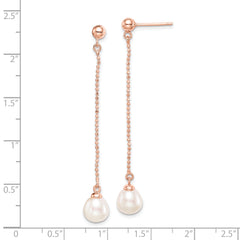 Sterling Silver Rose-tone 18k Flash Gold-plated 7-8mm White Rice Freshwater Cultured Pearl Post Dangle Earrings