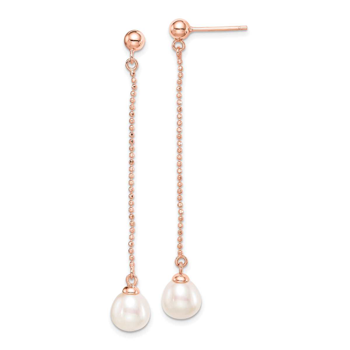 Sterling Silver Rose-tone 18k Flash Gold-plated 7-8mm White Rice Freshwater Cultured Pearl Post Dangle Earrings