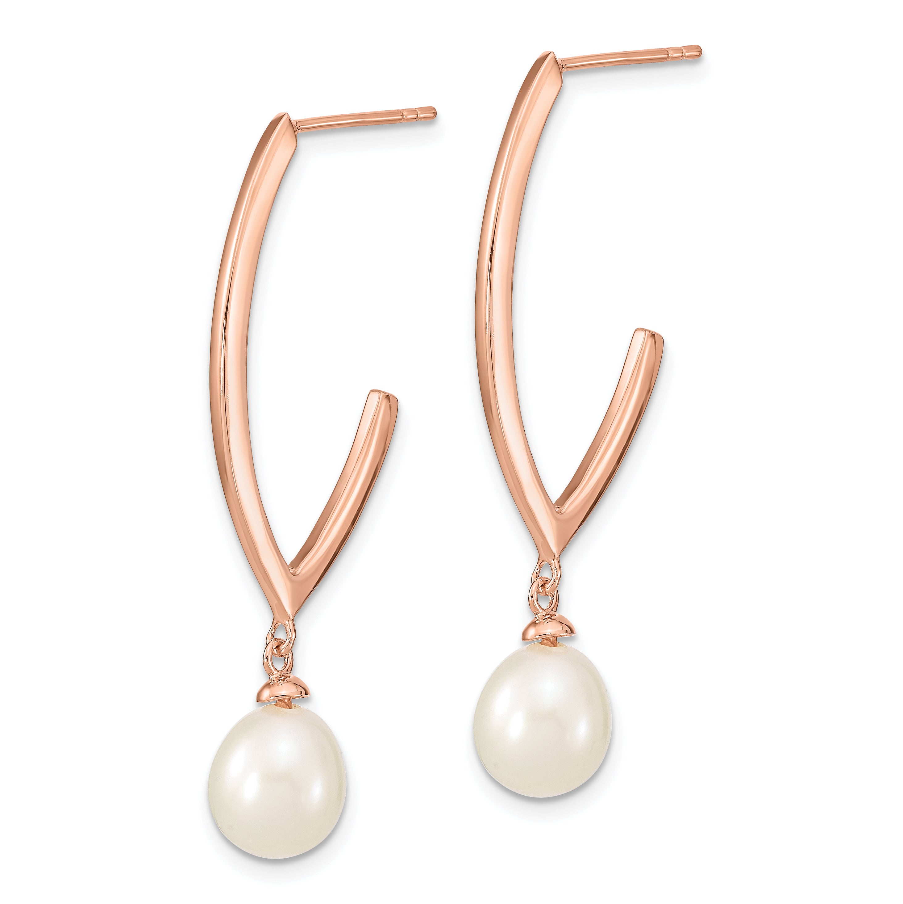 Sterling Silver Rose-tone 18k Flash Gold-plated 8-9mm White Rice Freshwater Cultured Pearl Post Dangle Earrings Secondary image