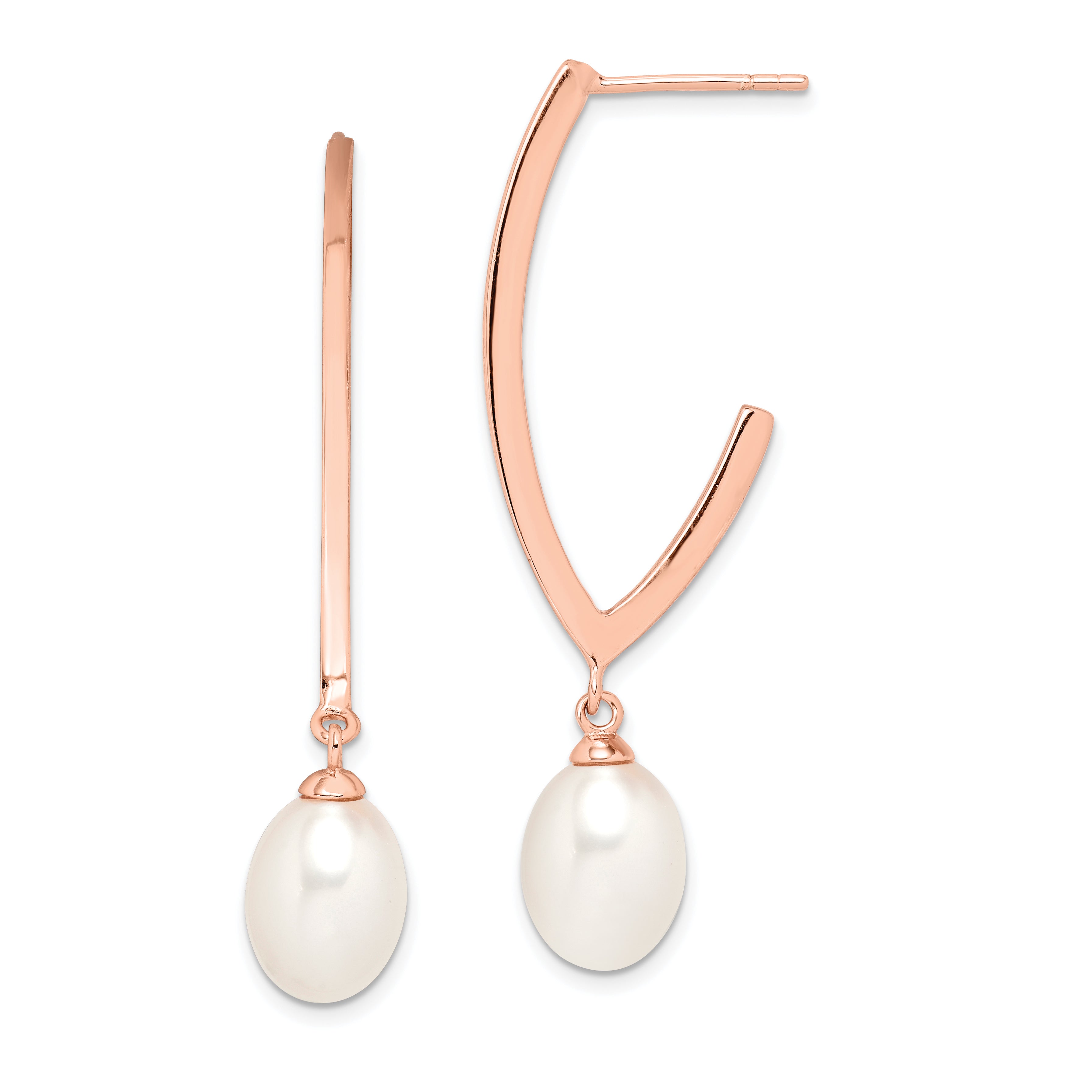 Sterling Silver Rose-tone 18k Flash Gold-plated 8-9mm White Rice Freshwater Cultured Pearl Post Dangle Earrings Main image