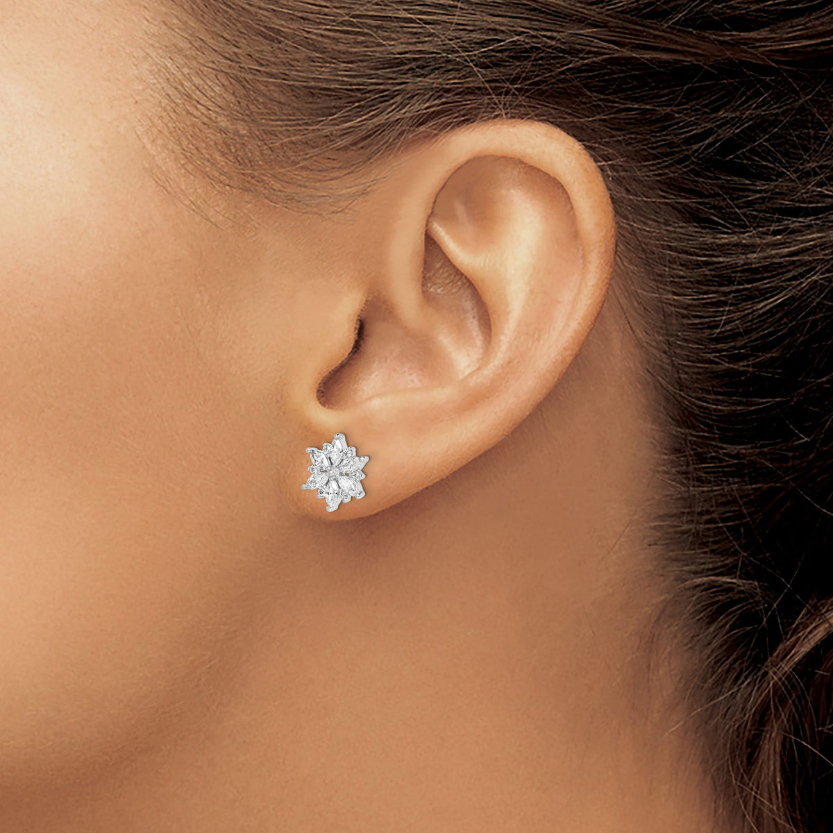 Cubic Zirconia Snowflake Stud Earrings in Sterling Silver, 9.5mm - Sophia Jewelers