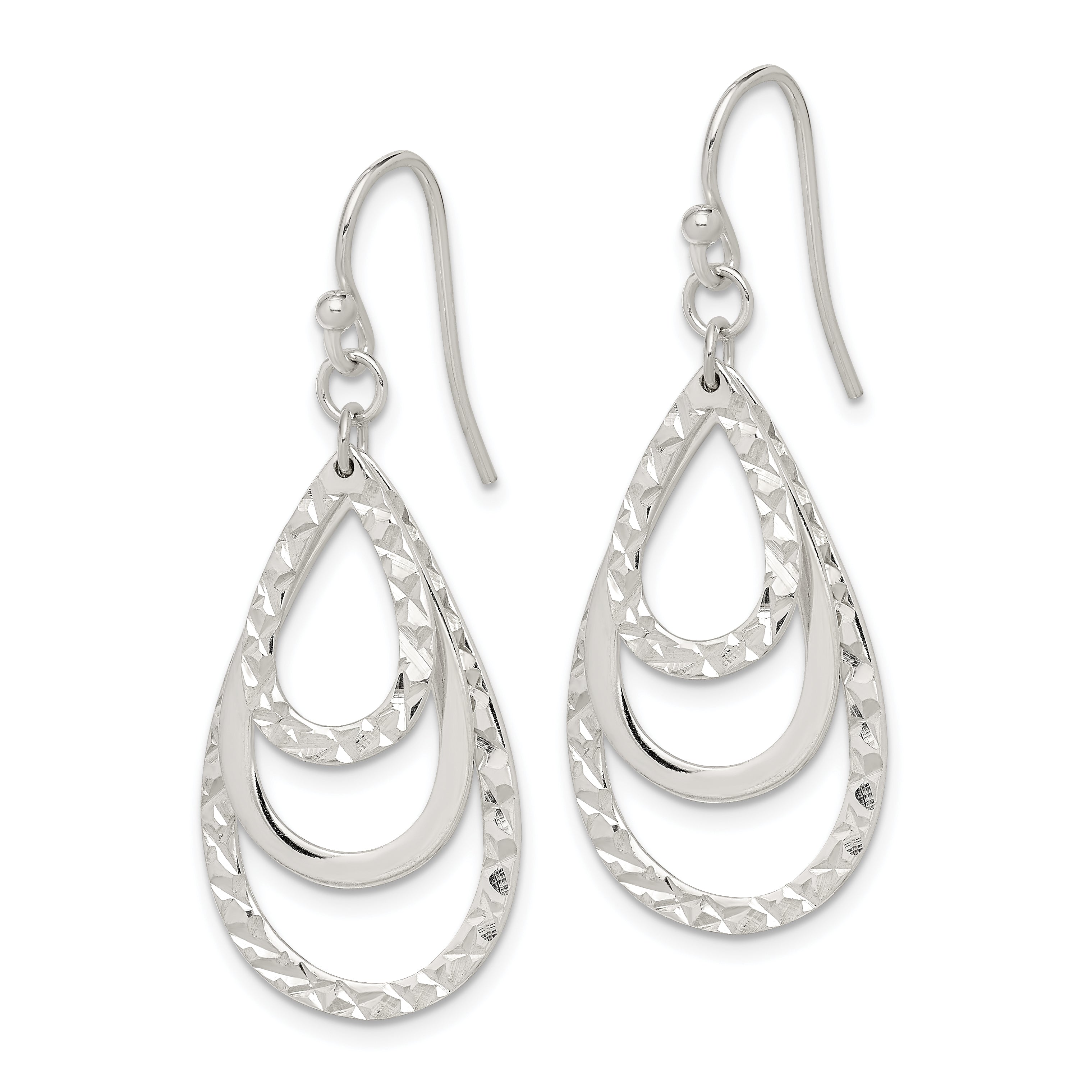 Sterling Silver Polished & Diamond-cut Triple Teardrop Dangle Earrings