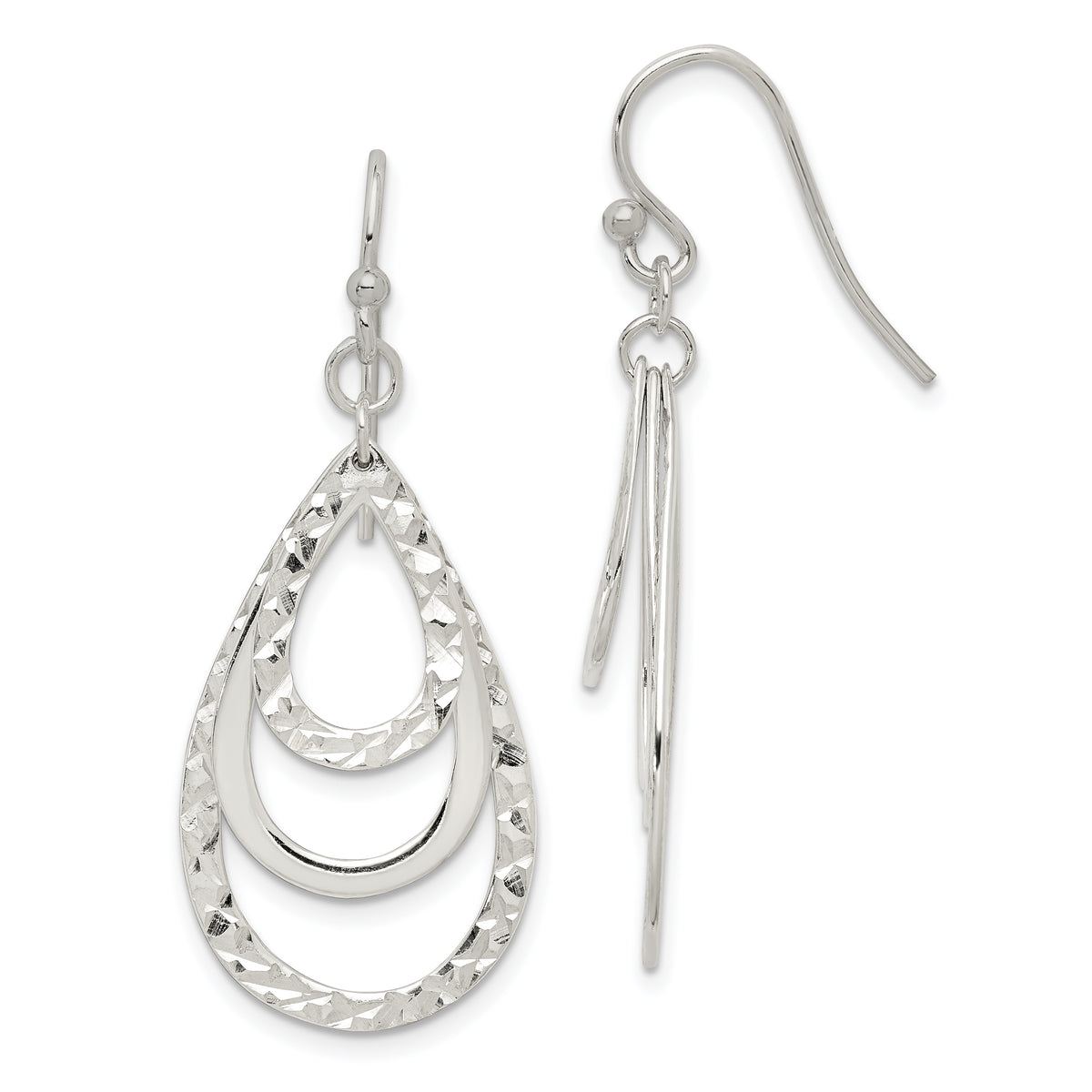 Sterling Silver Polished & Diamond-cut Triple Teardrop Dangle Earrings