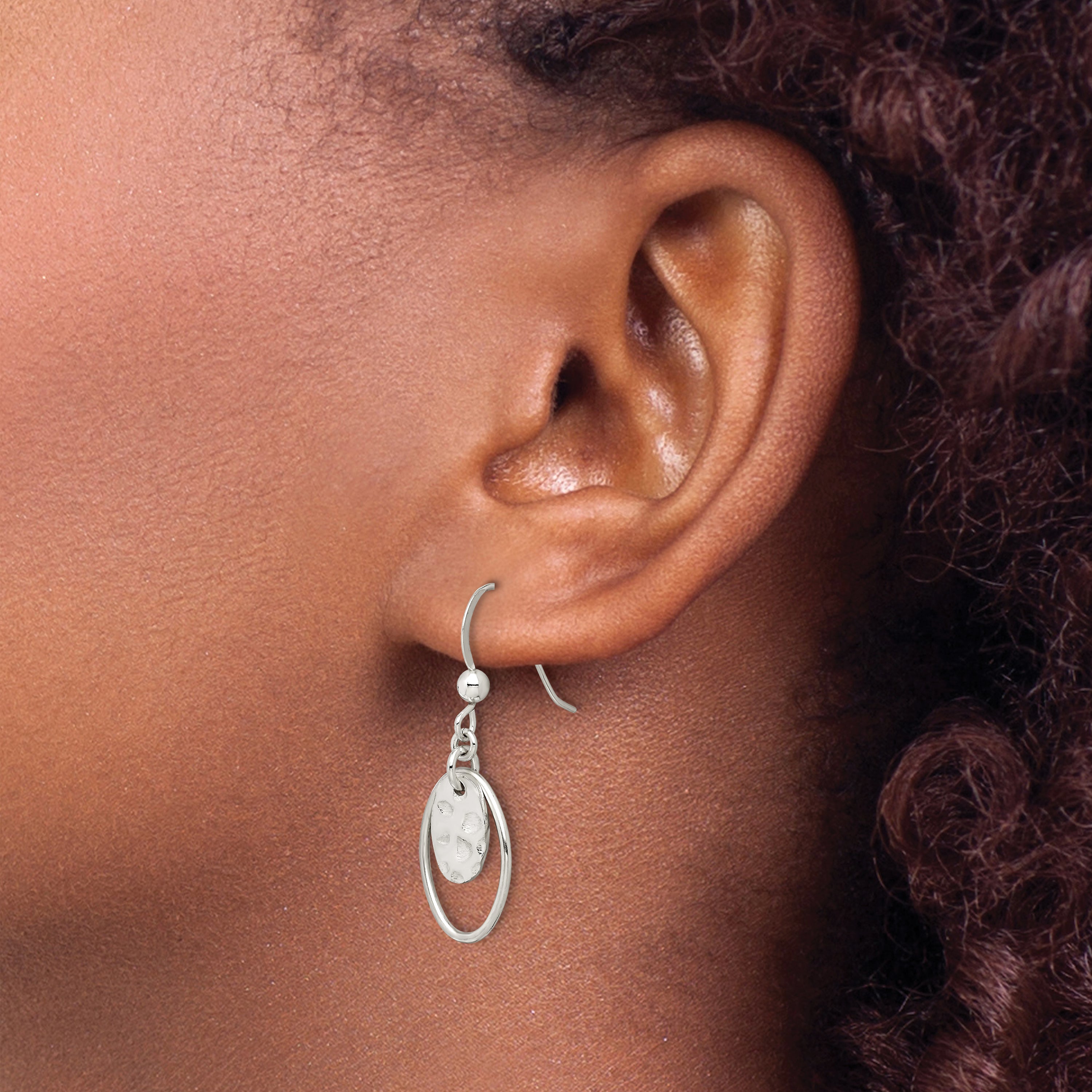 Sterling Silver Polished & Hammered Oval Dangle Earrings