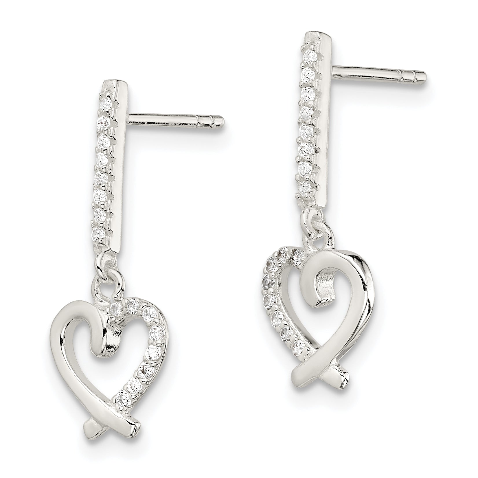 Sterling Silver CZ Dangle Heart Post Earrings Secondary image
