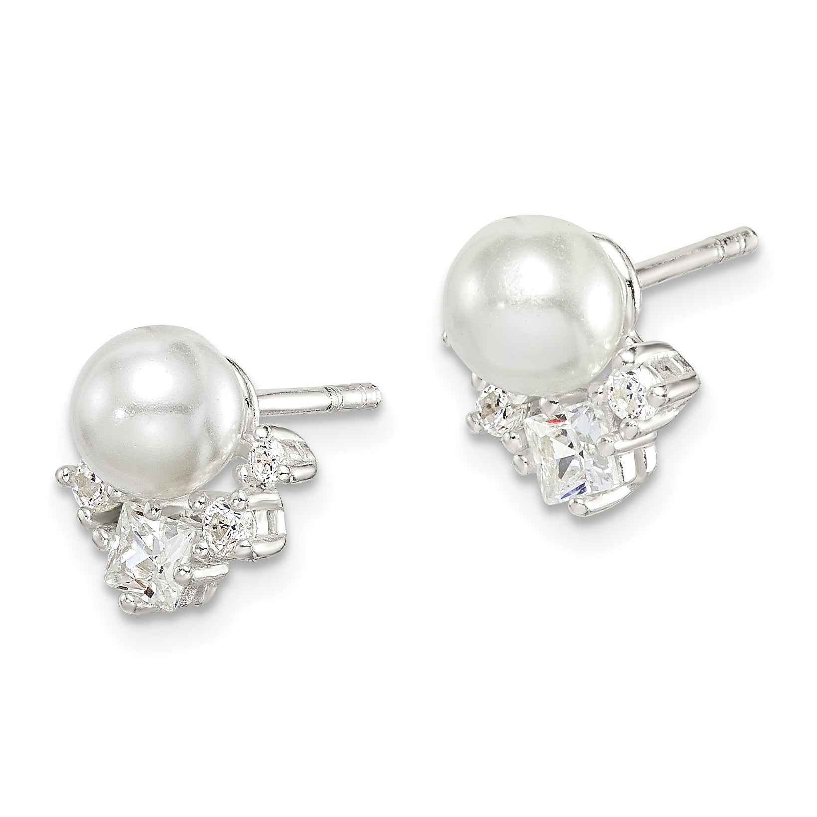 Sterling Silver CZ and Glass Pearl Post Earrings Secondary image