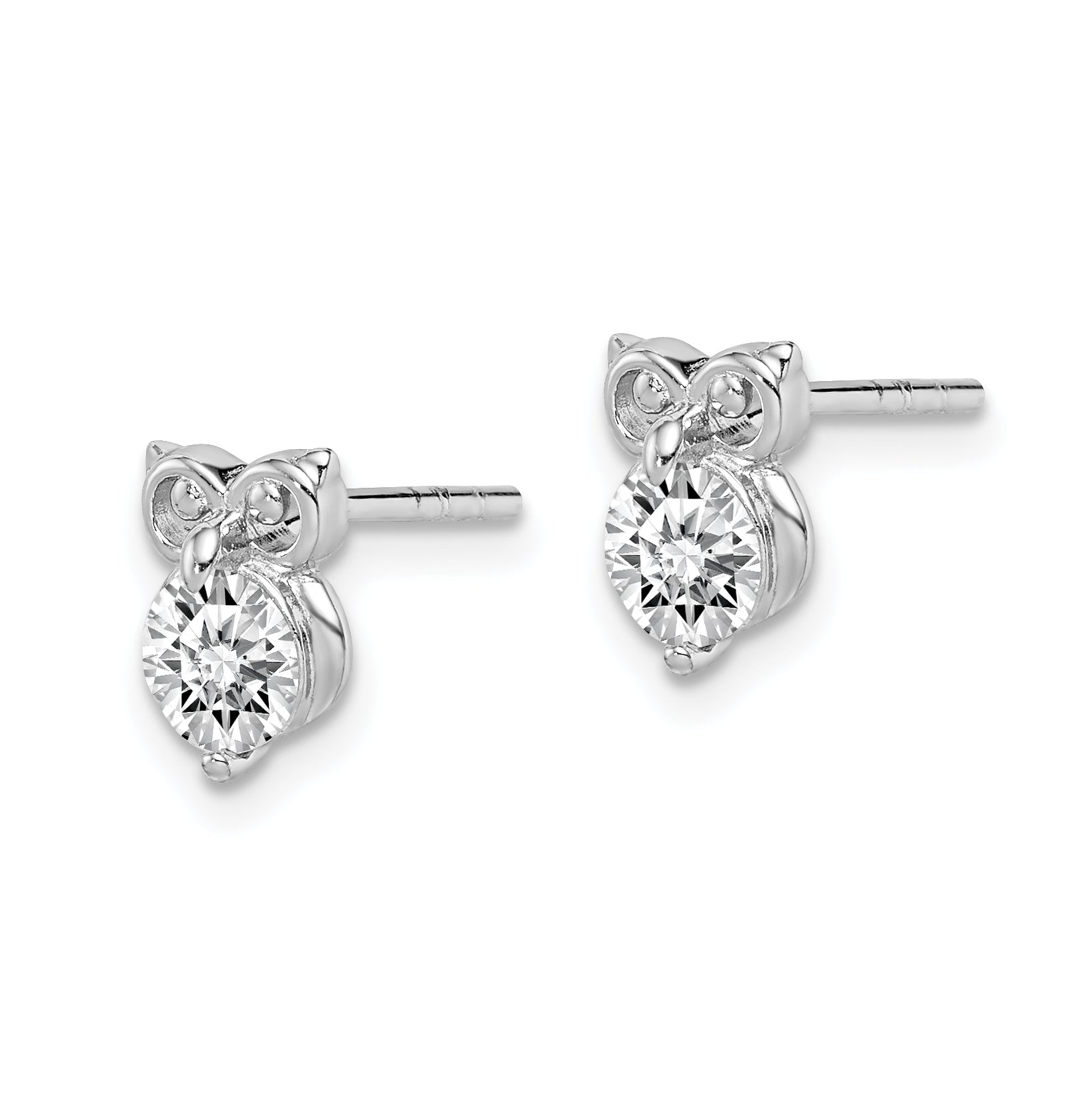 Sterling Silver Rhodium Plated CZ Owl Earrings