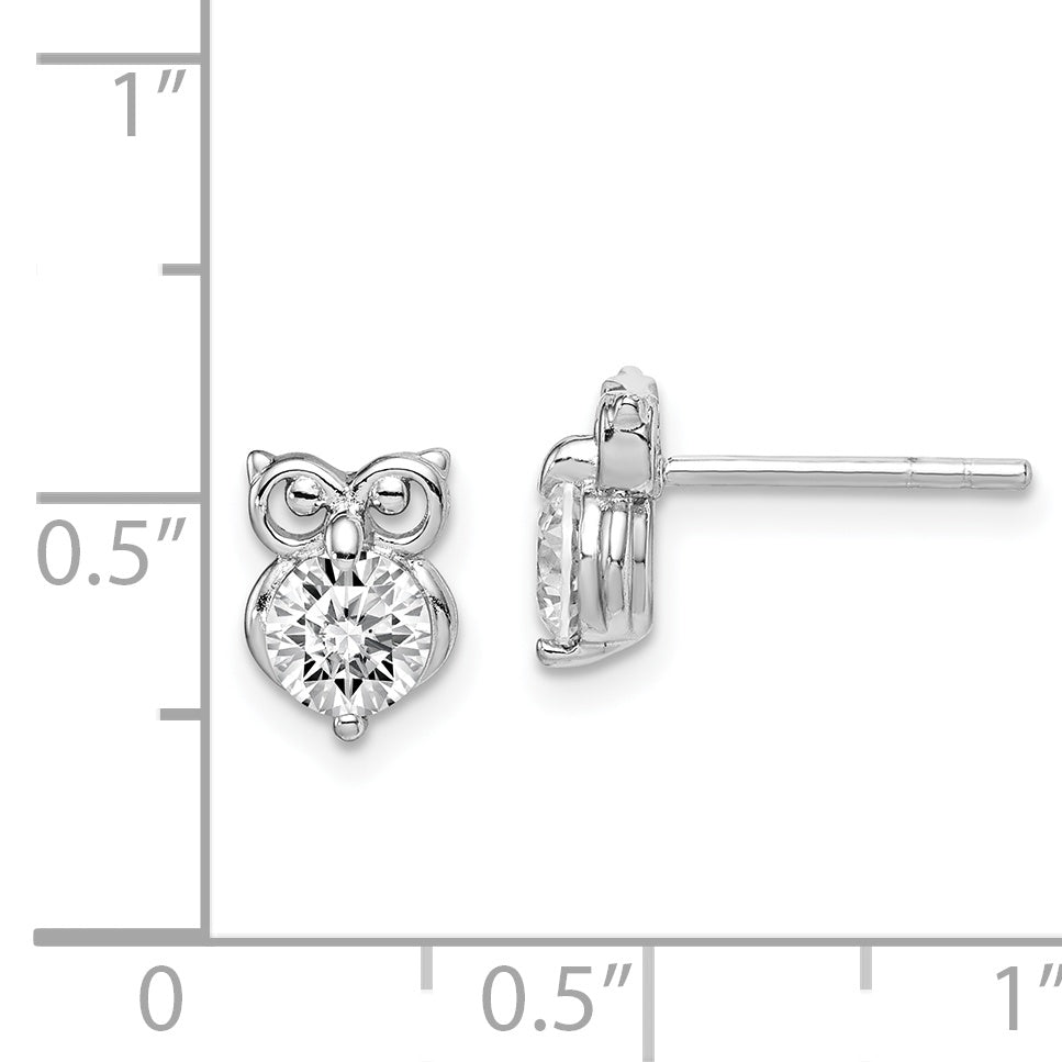 Sterling Silver Rhodium Plated CZ Owl Earrings