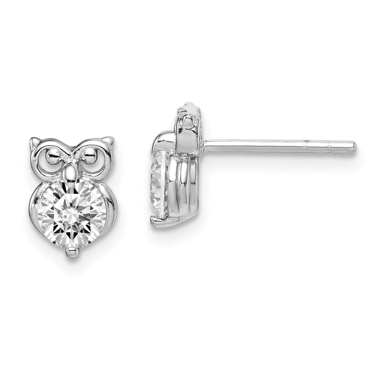 Sterling Silver Rhodium Plated CZ Owl Earrings