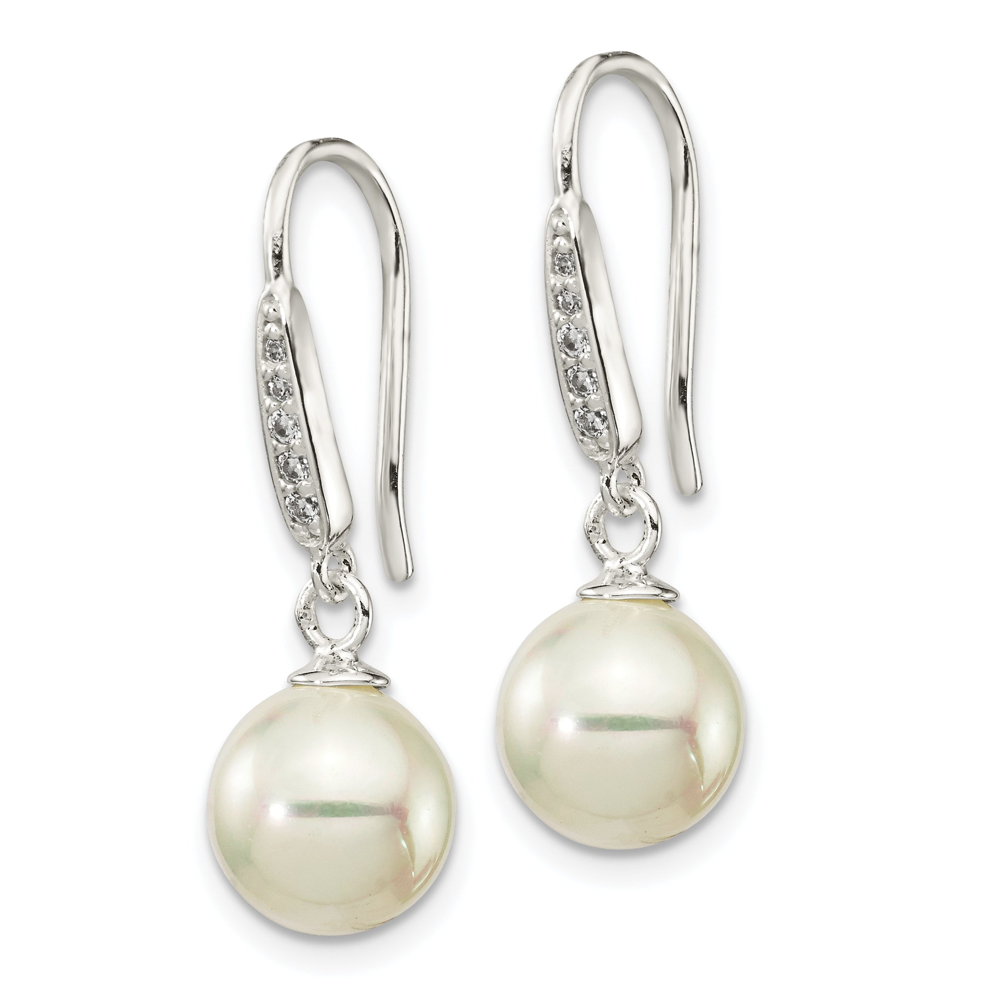 Sterling Silver Rhodium-plated Polished White 7-8mm Shell Pearl & CZ Dangle Earrings Secondary image