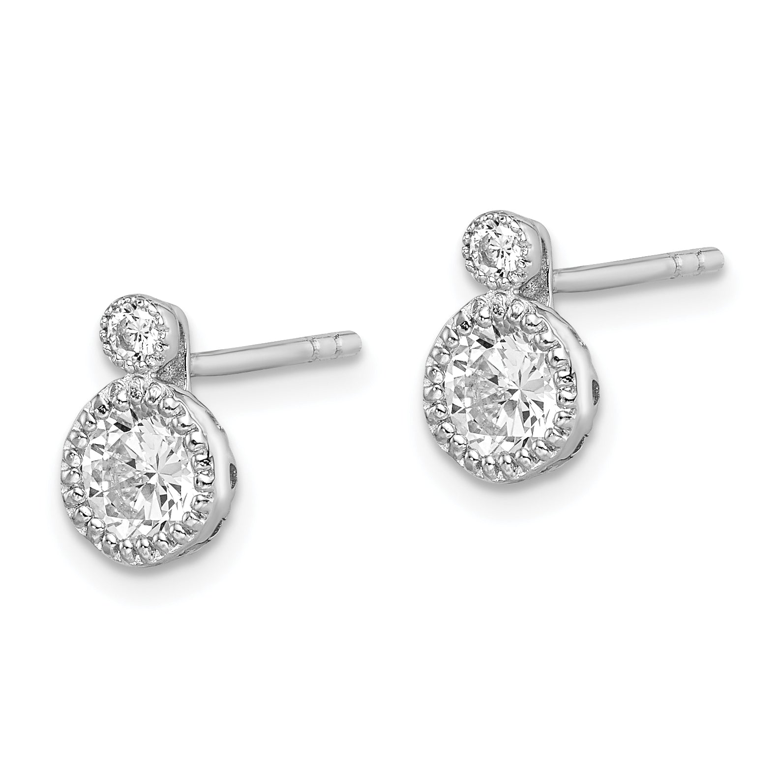 Sterling Silver RH-plated Polished & Beaded Double CZ Circle Post Earrings Secondary image