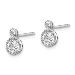 Sterling Silver RH-plated Polished & Beaded Double CZ Circle Post Earrings